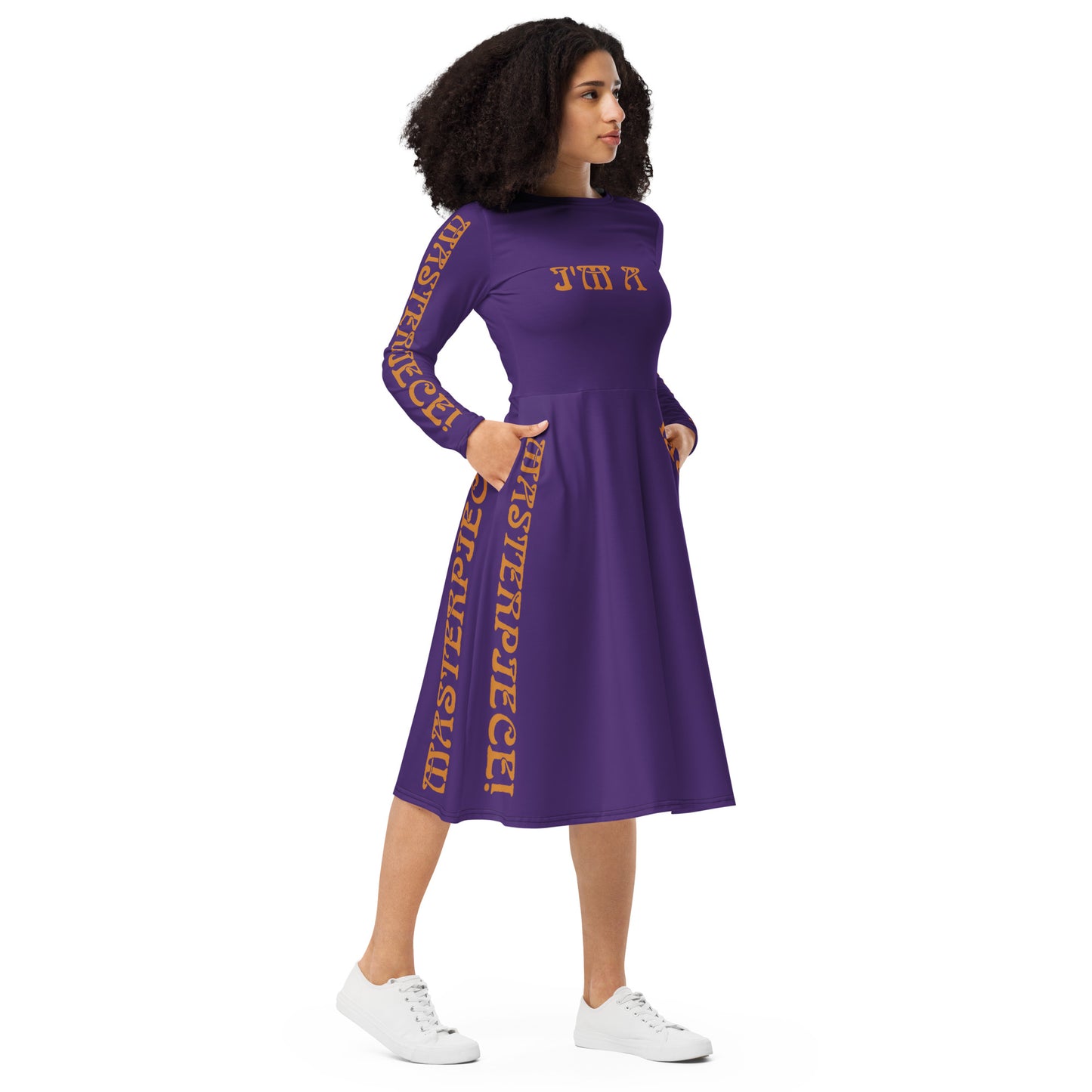 “I’M A MASTERPIECE!"Purple Long Sleeve Midi Dress W/Bronze Font