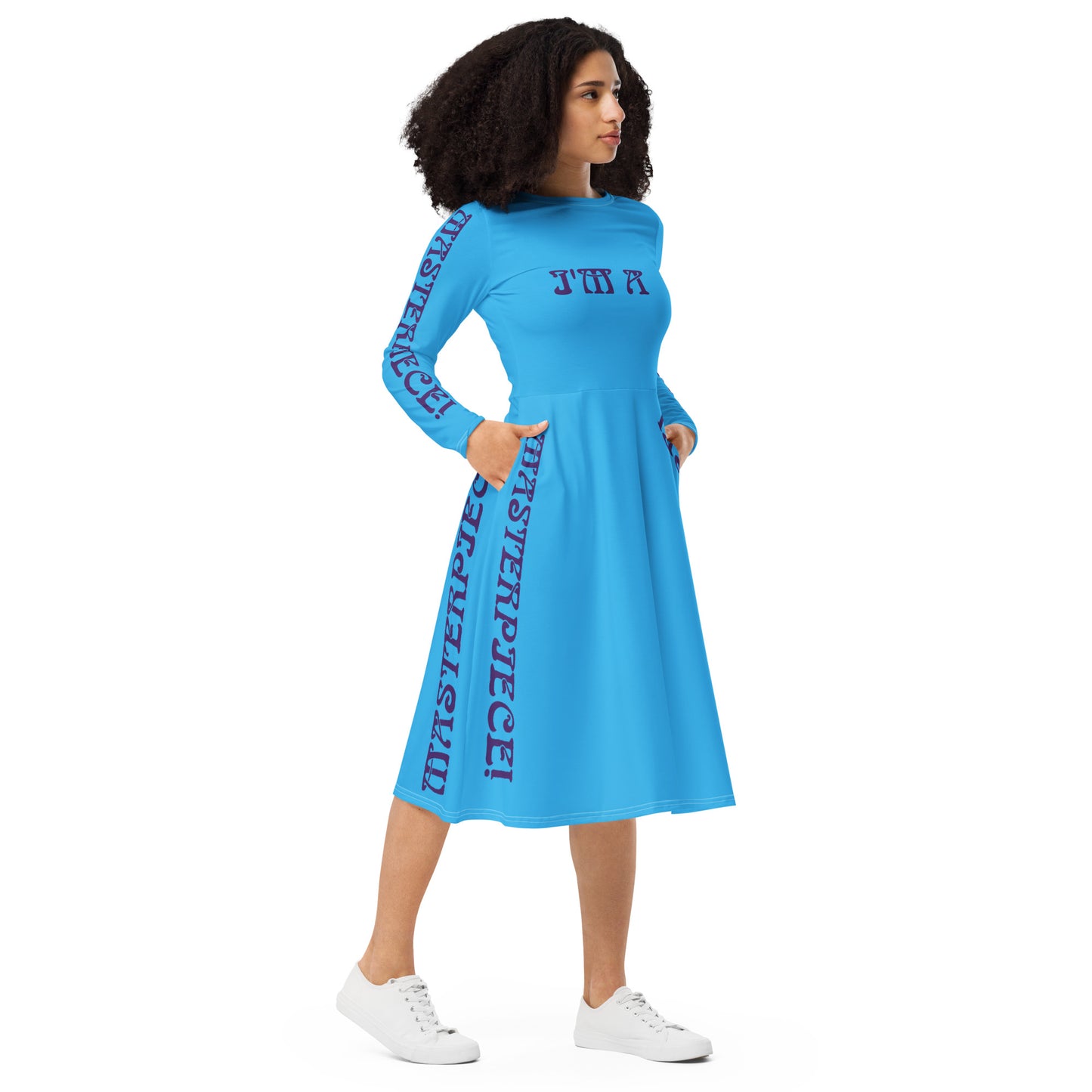 “I’M A MASTERPIECE!”SKYBLUE Long Sleeve Midi Dress W/Navy Font