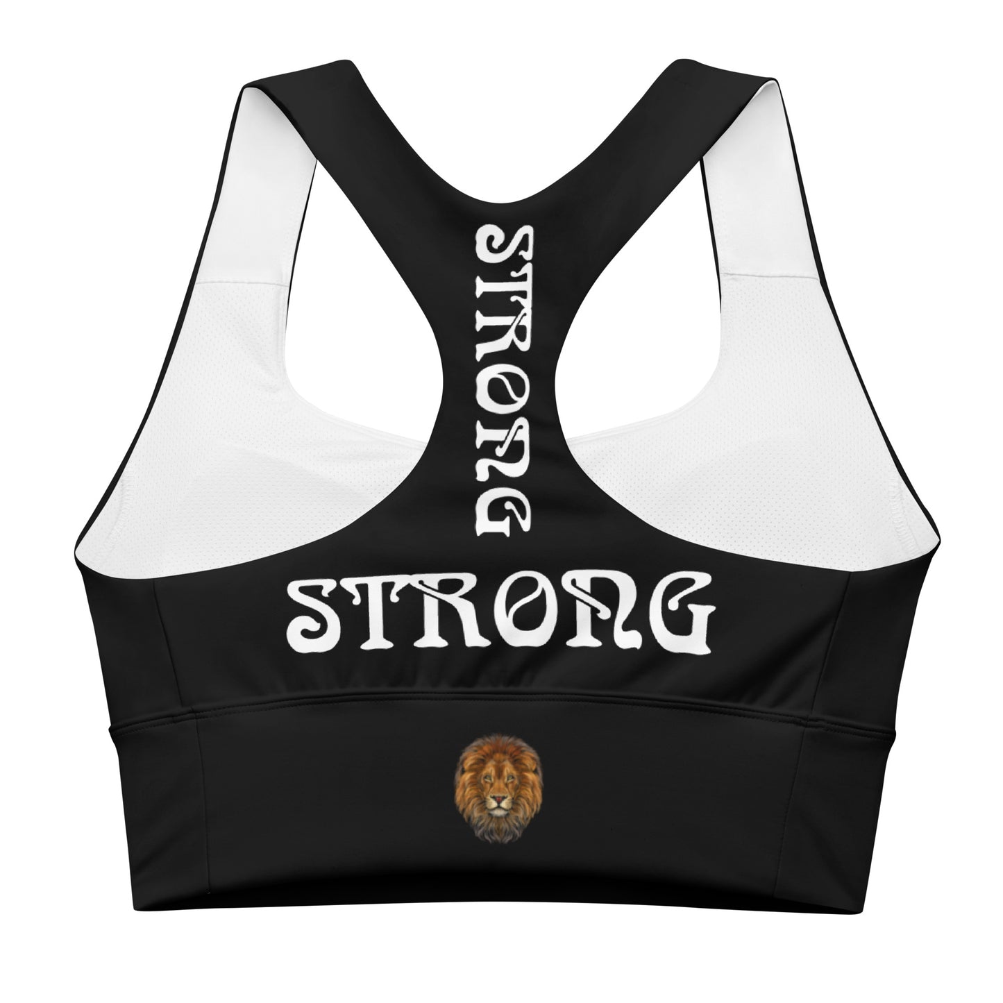 “STRONG”Black Longline Sports Bra W/White Font