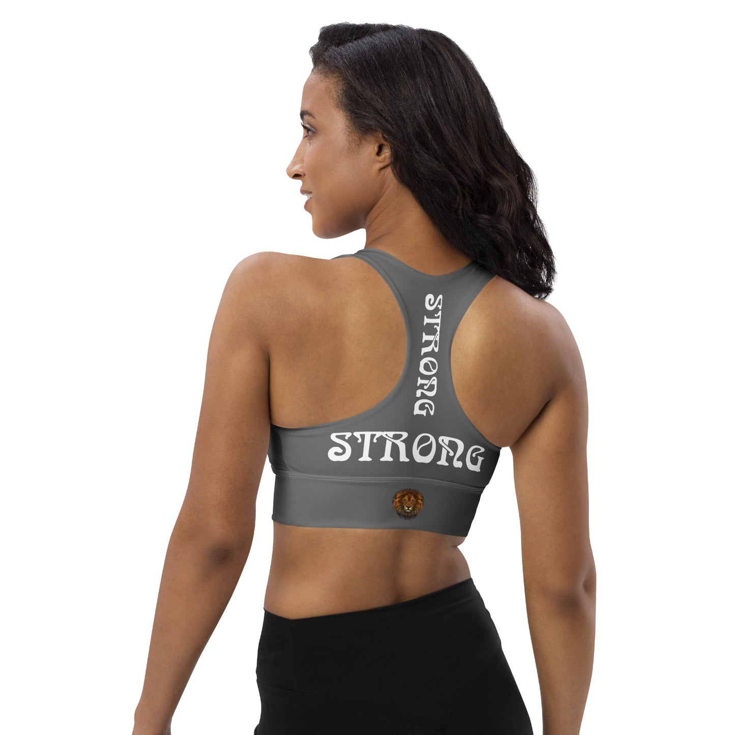 “STRONG”Grey Longline Sports Bra W/White Font