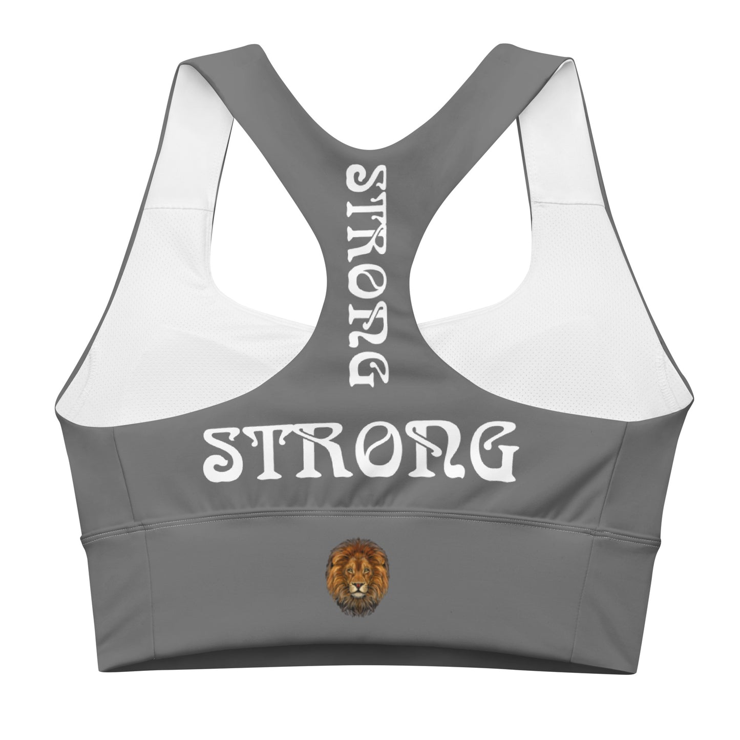 “STRONG”Grey Longline Sports Bra W/White Font