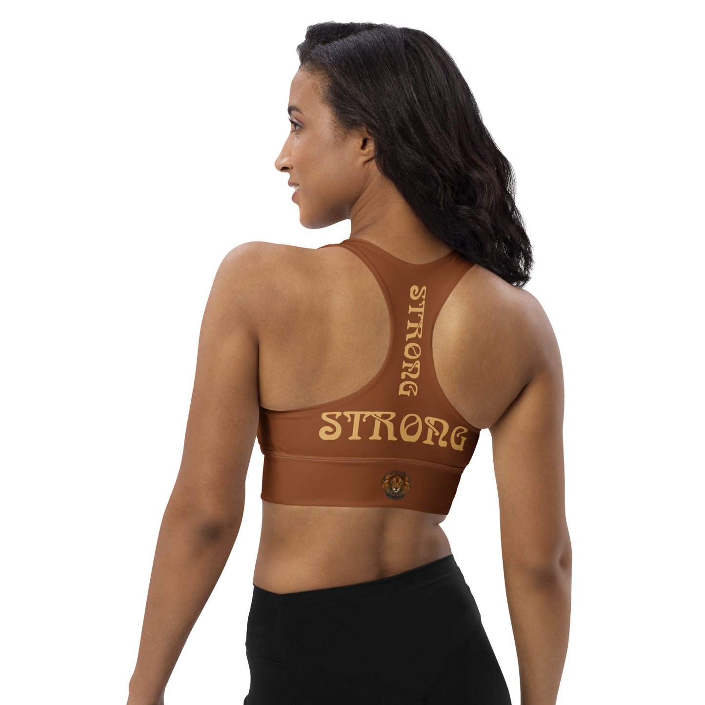 “STRONG” Brown Longline Sports Bra W/Fawn Font