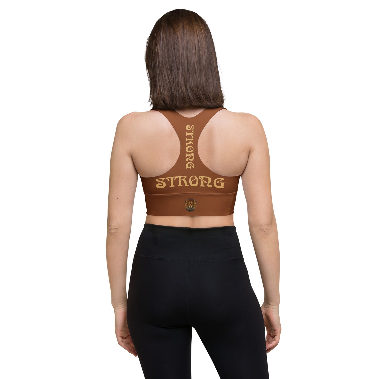 “STRONG” Brown Longline Sports Bra W/Fawn Font