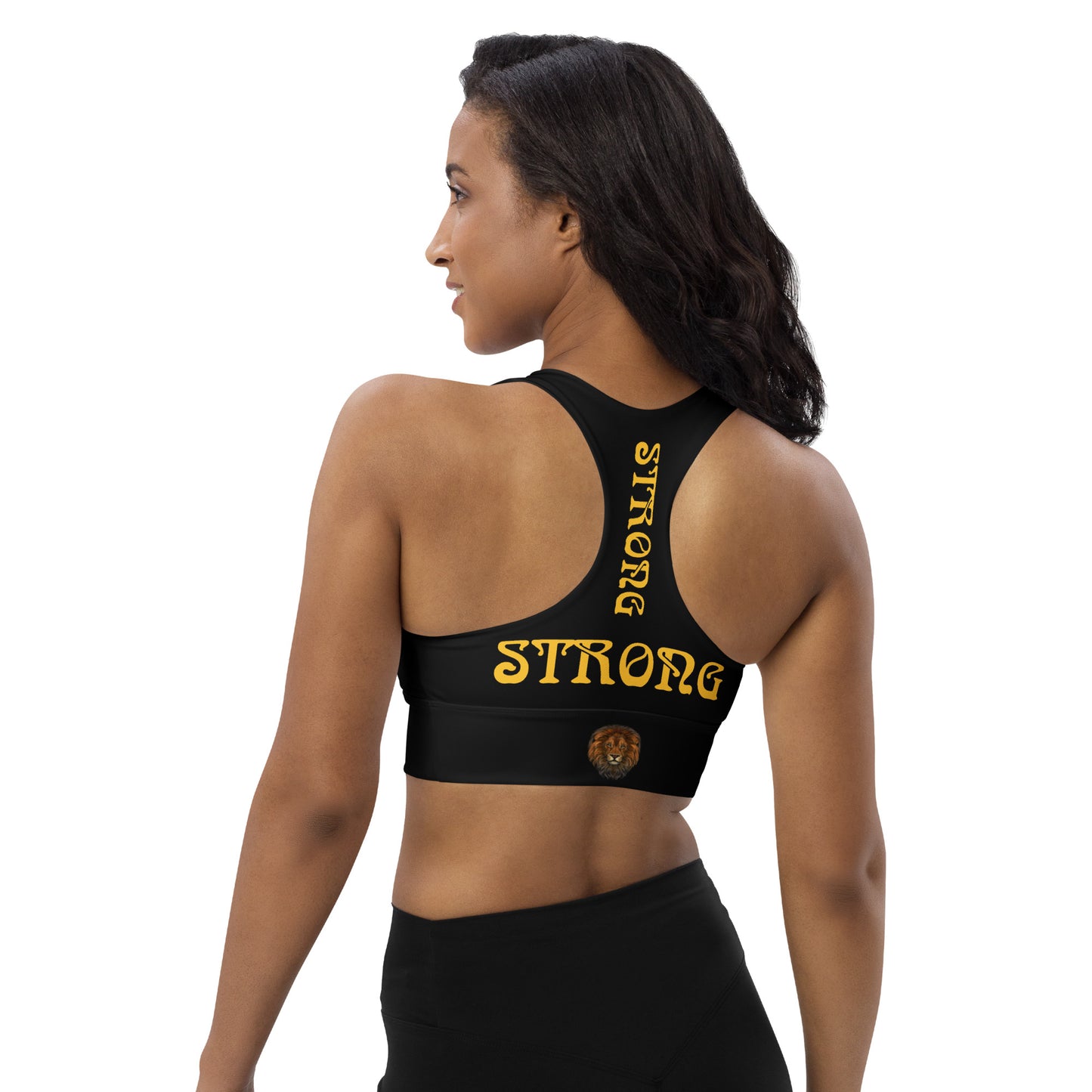 “STRONG”Black Longline Sports Bra W/Yellow Font