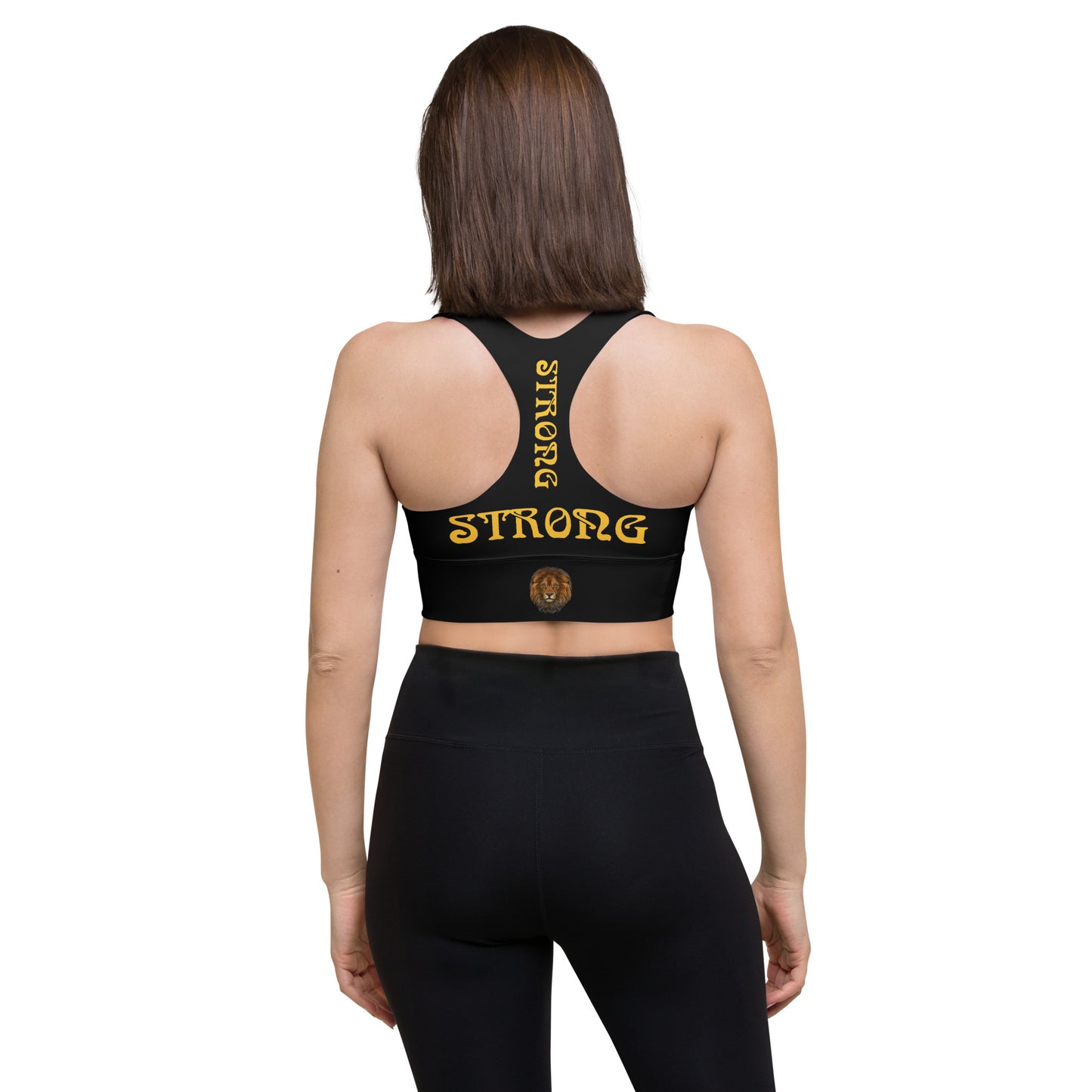 “STRONG”Black Longline Sports Bra W/Yellow Font