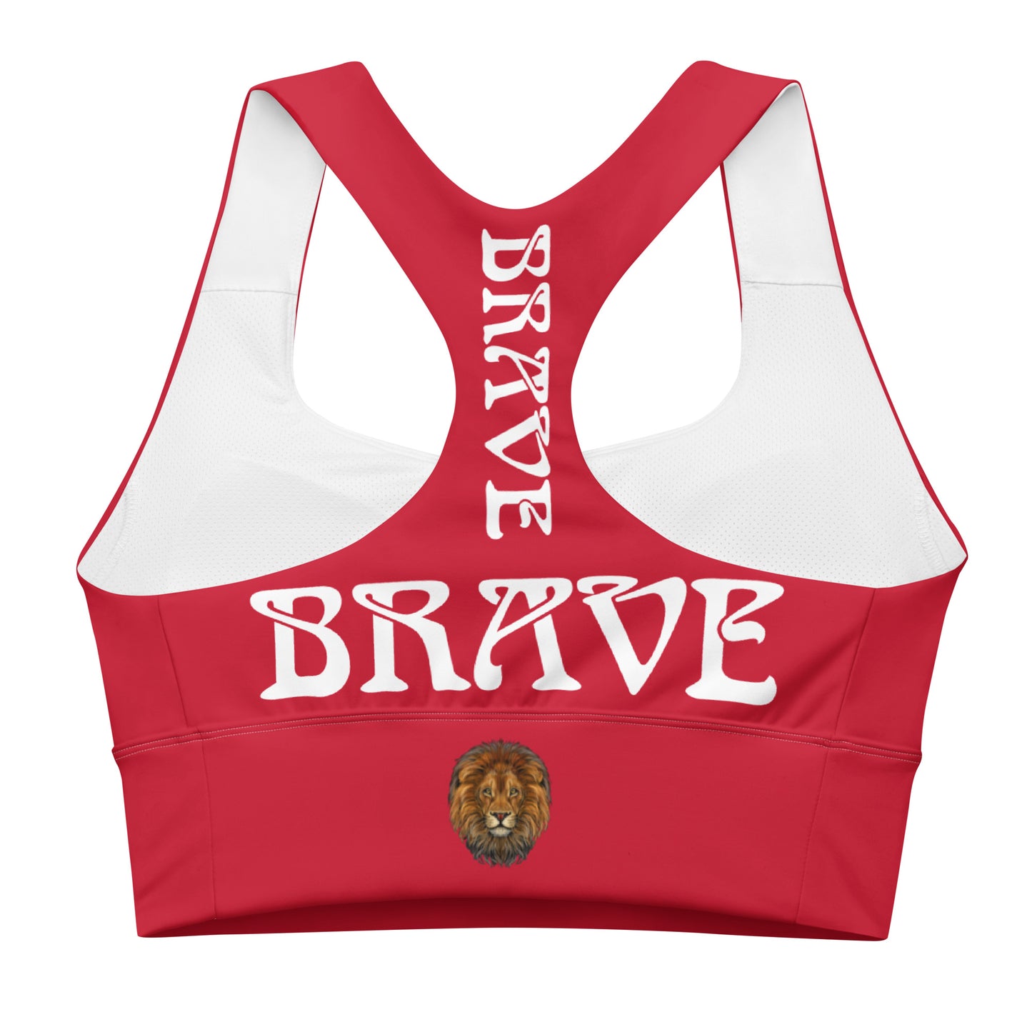 “BRAVE”Red Longline Sports Bra W/White Font