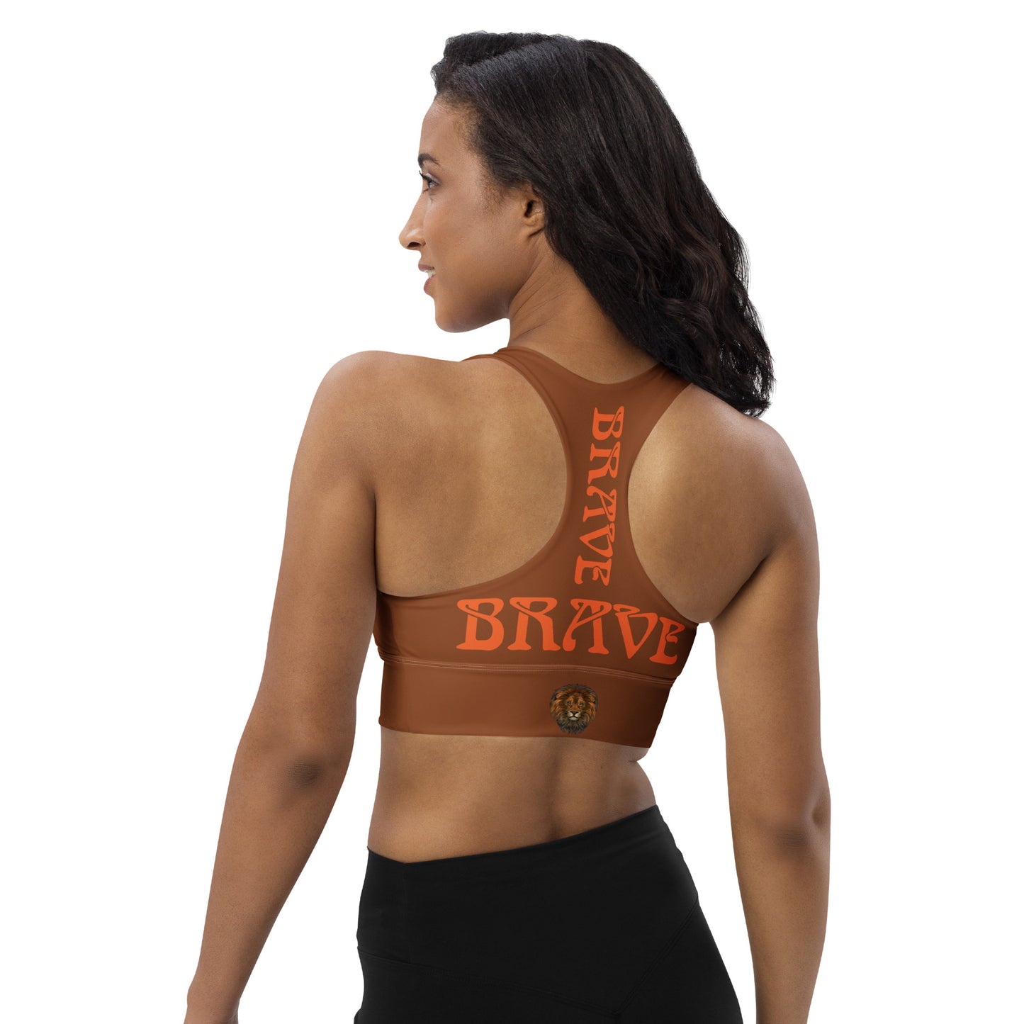 “BRAVE” Brown Longline Sports Bra W/Orange Font