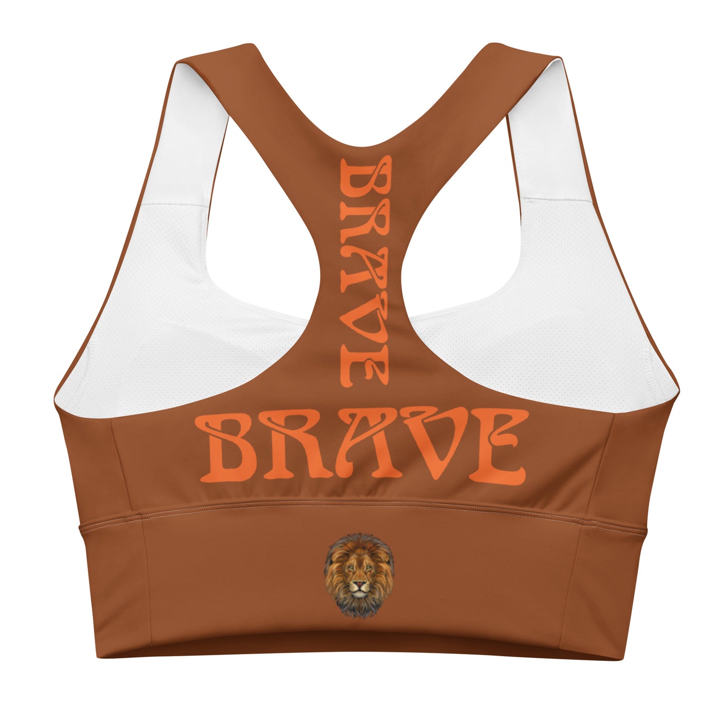 “BRAVE” Brown Longline Sports Bra W/Orange Font
