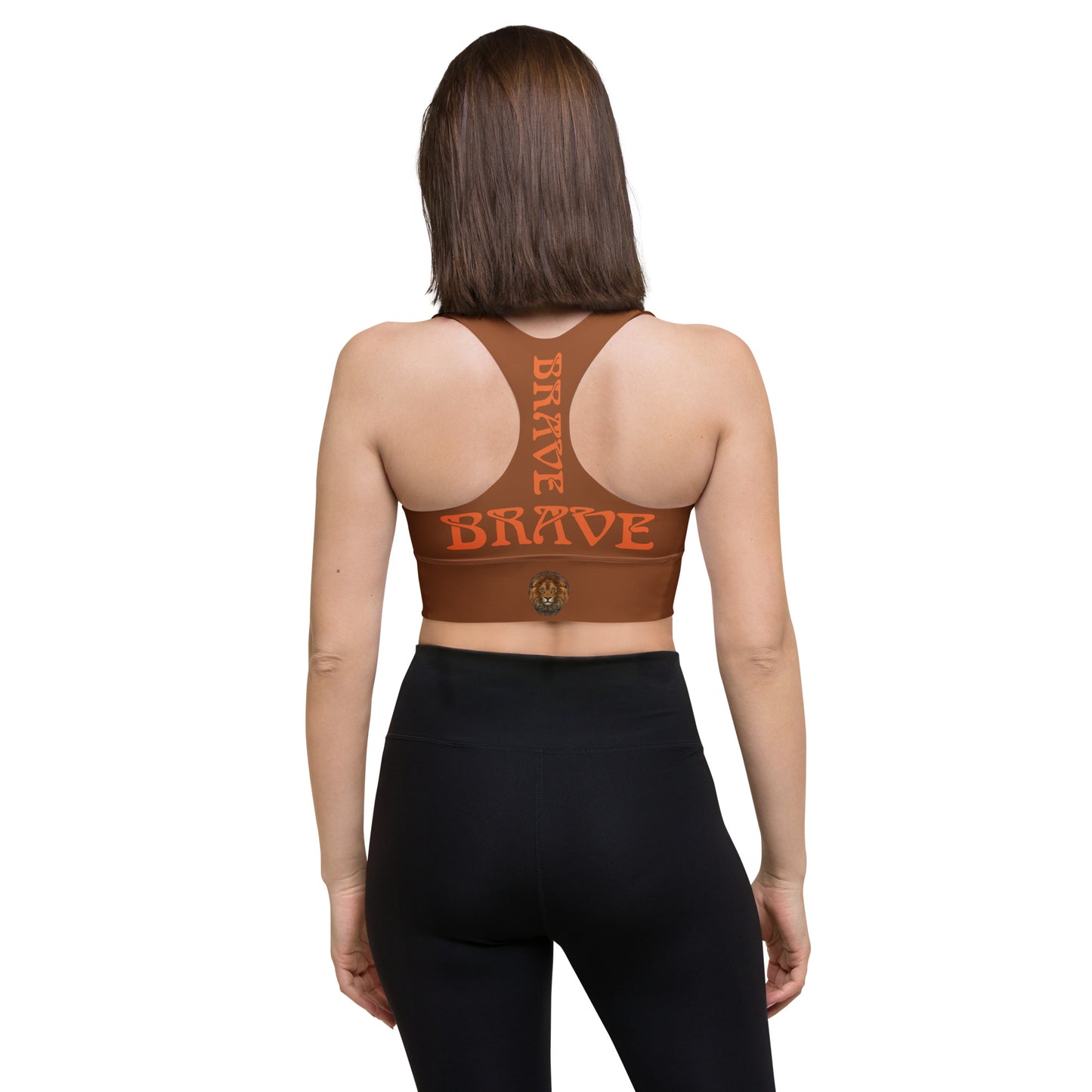 “BRAVE” Brown Longline Sports Bra W/Orange Font
