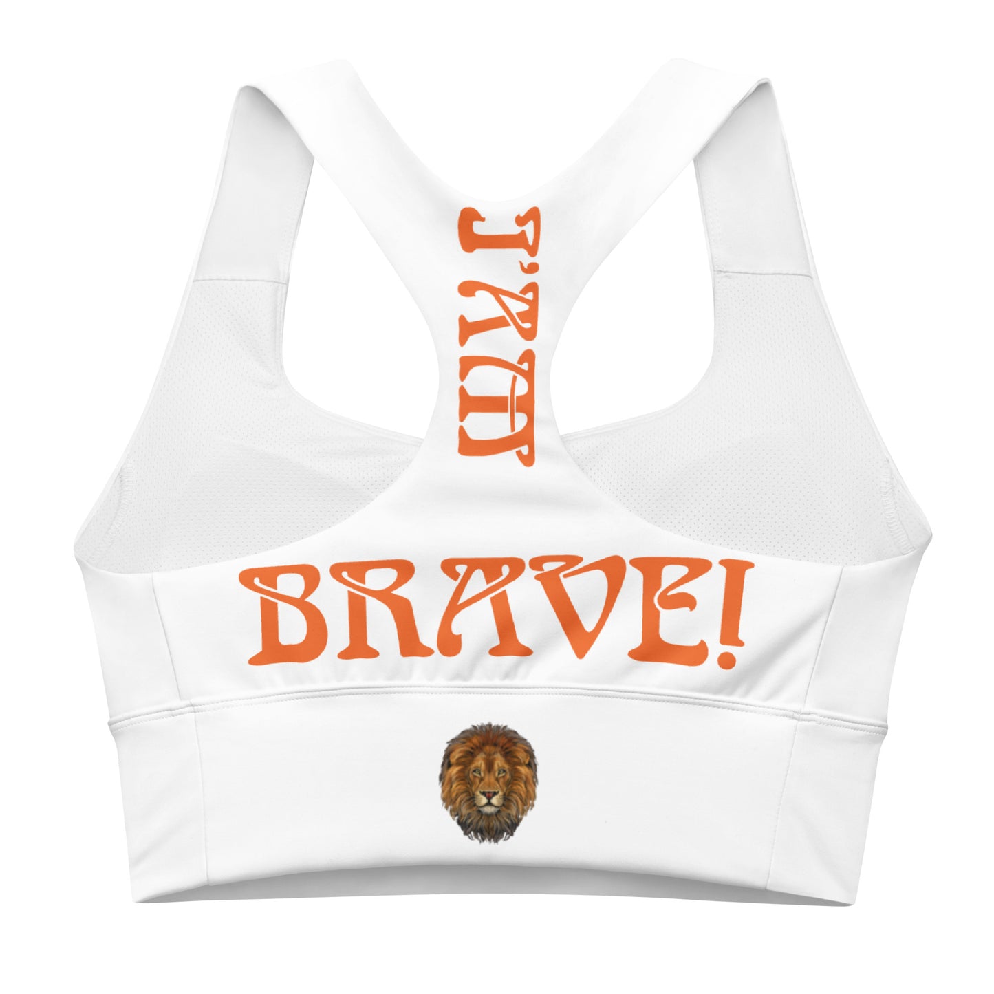 “I’AM BRAVE!” White Longline Sports Bra W/Orange Font