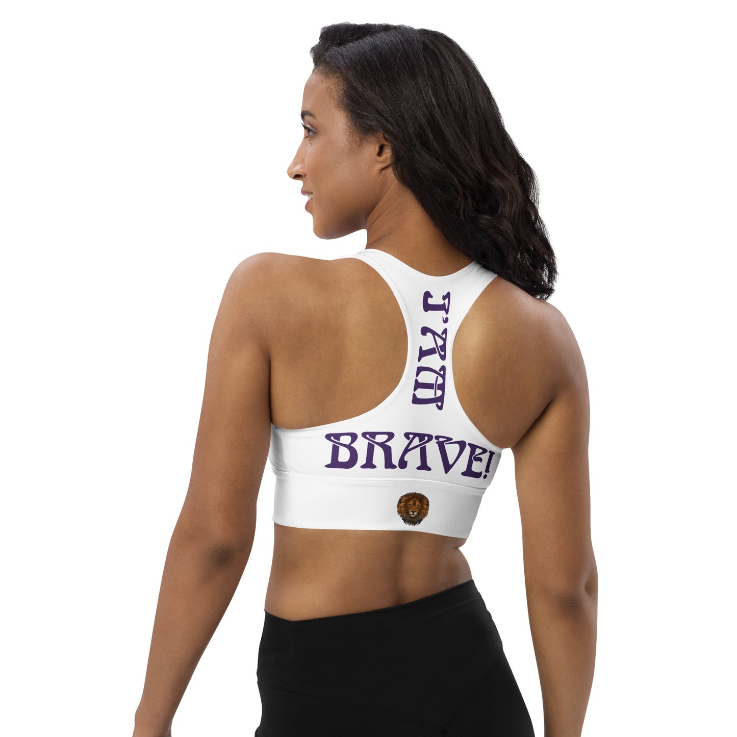 “I’AM BRAVE!” White Longline Sports Bra W/Purple Font