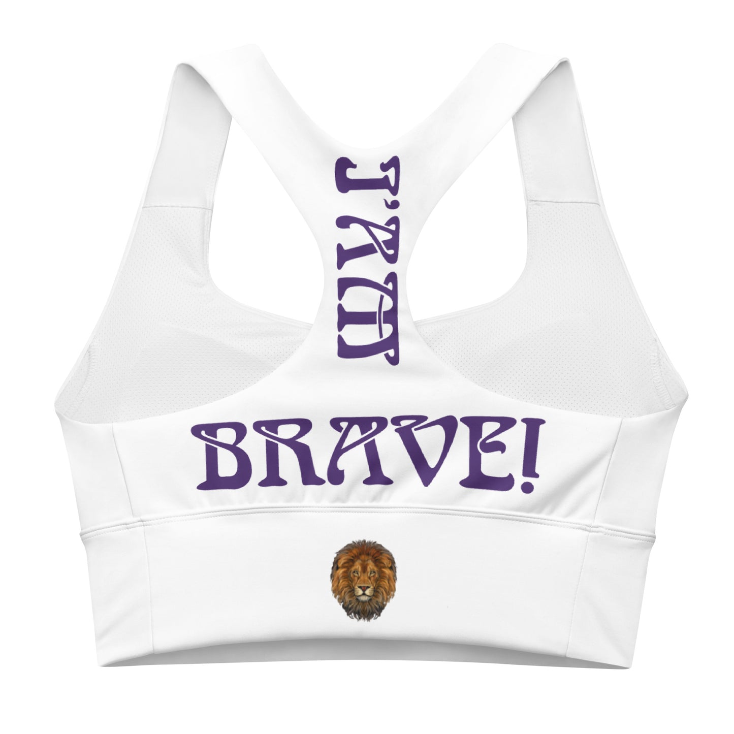 “I’AM BRAVE!” White Longline Sports Bra W/Purple Font