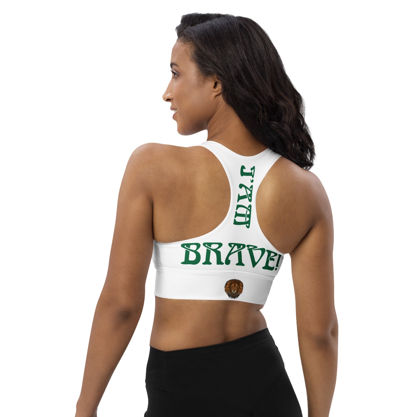 “I’AM BRAVE!” White Longline Sports Bra W/Green Font