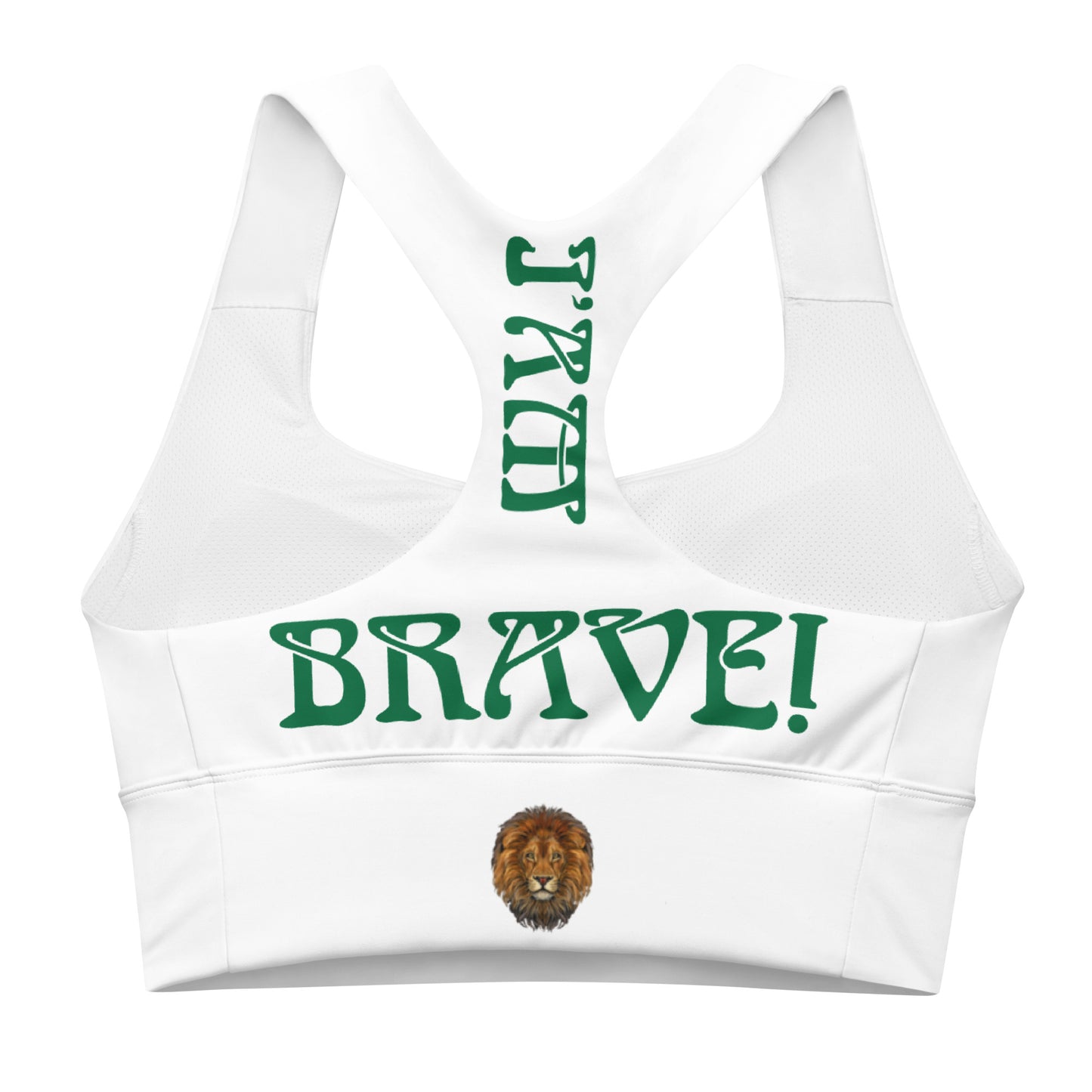 “I’AM BRAVE!” White Longline Sports Bra W/Green Font