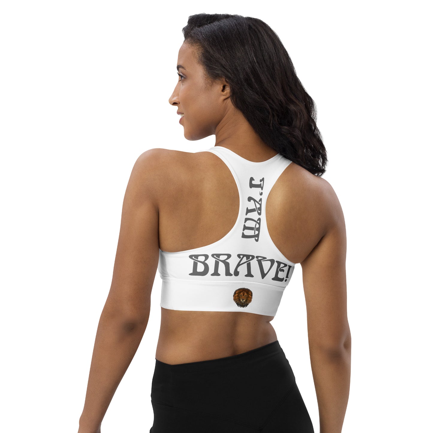 “I’AM BRAVE!” White Longline Sports Bra W/Grey Font