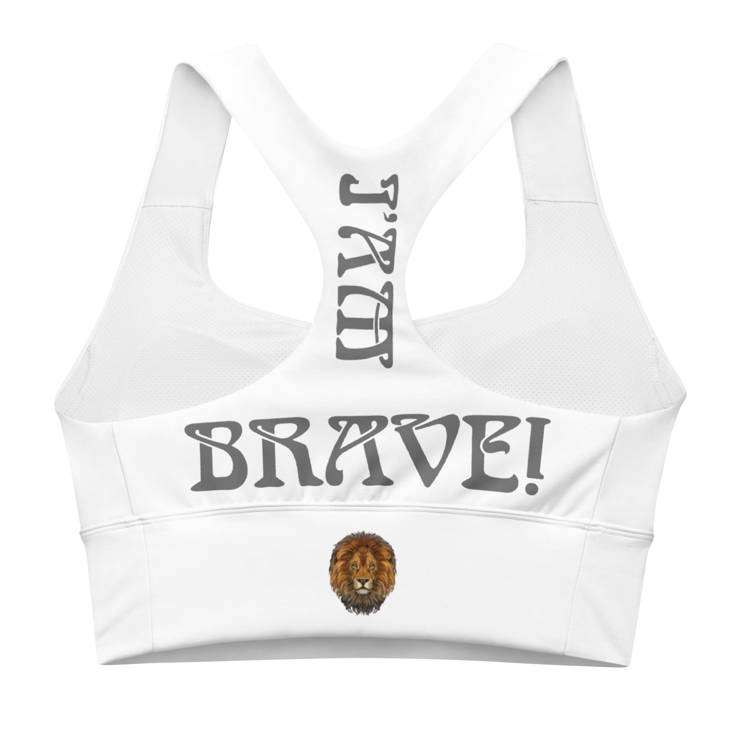 “I’AM BRAVE!” White Longline Sports Bra W/Grey Font