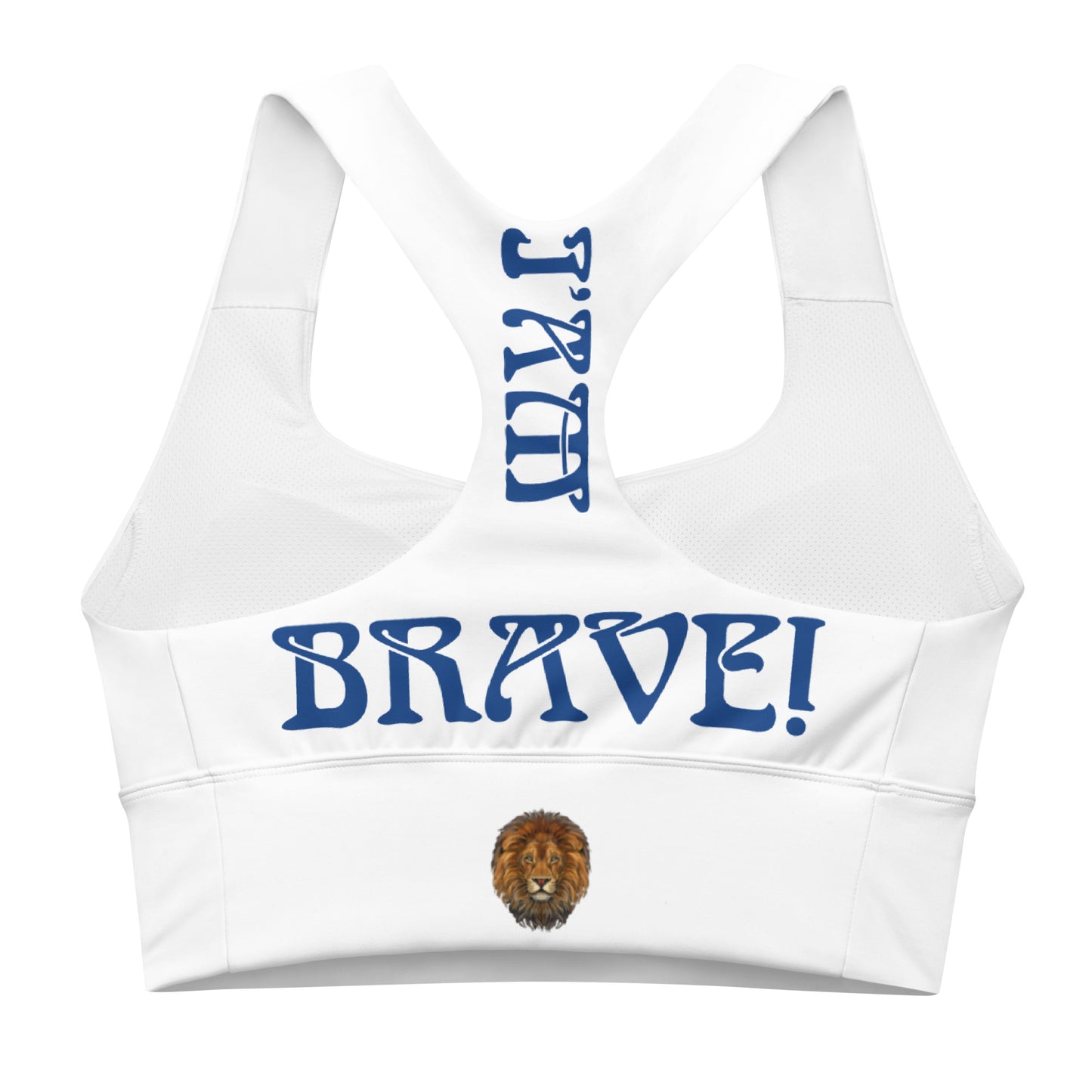“I’AM BRAVE!” White Longline Sports Bra W/Blue Font