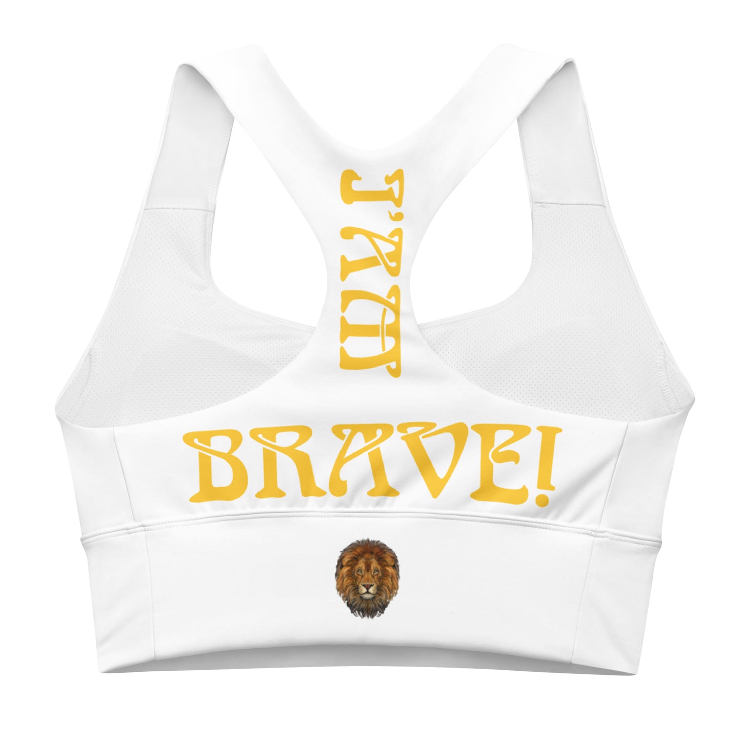 “I’AM BRAVE!” White Longline Sports Bra W/Yellow Font