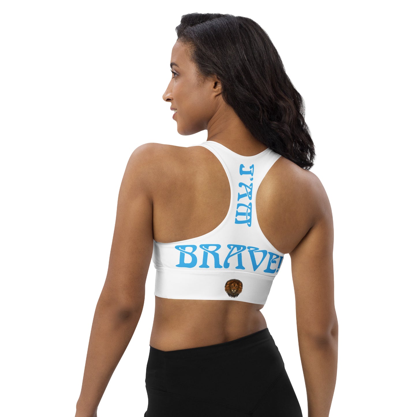 “I’AM BRAVE!” White Longline Sports Bra W/SkyBlue Font
