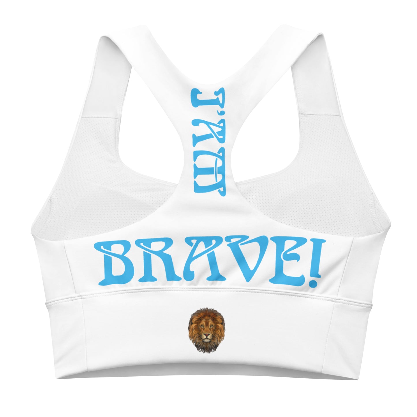 “I’AM BRAVE!” White Longline Sports Bra W/SkyBlue Font