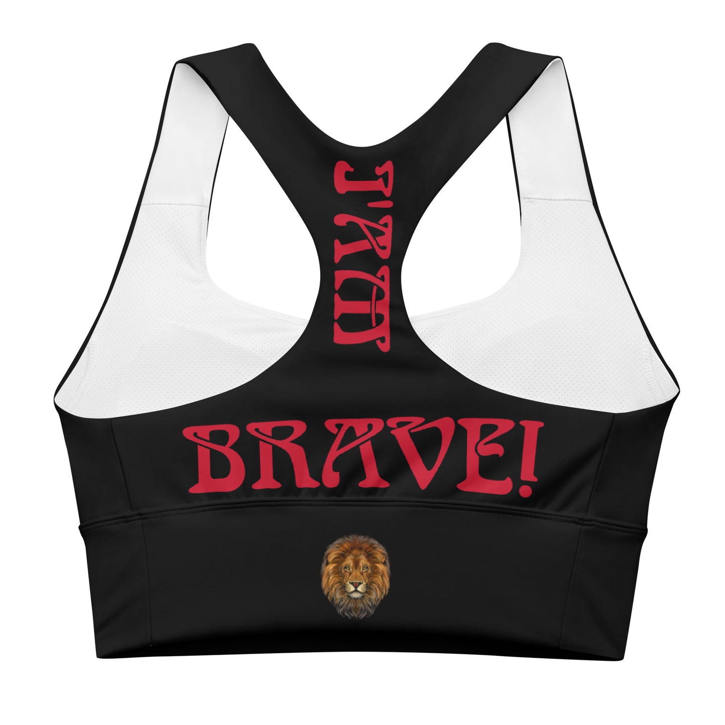 “I’AM BRAVE! Black Longline Sports Bra W/Red Font