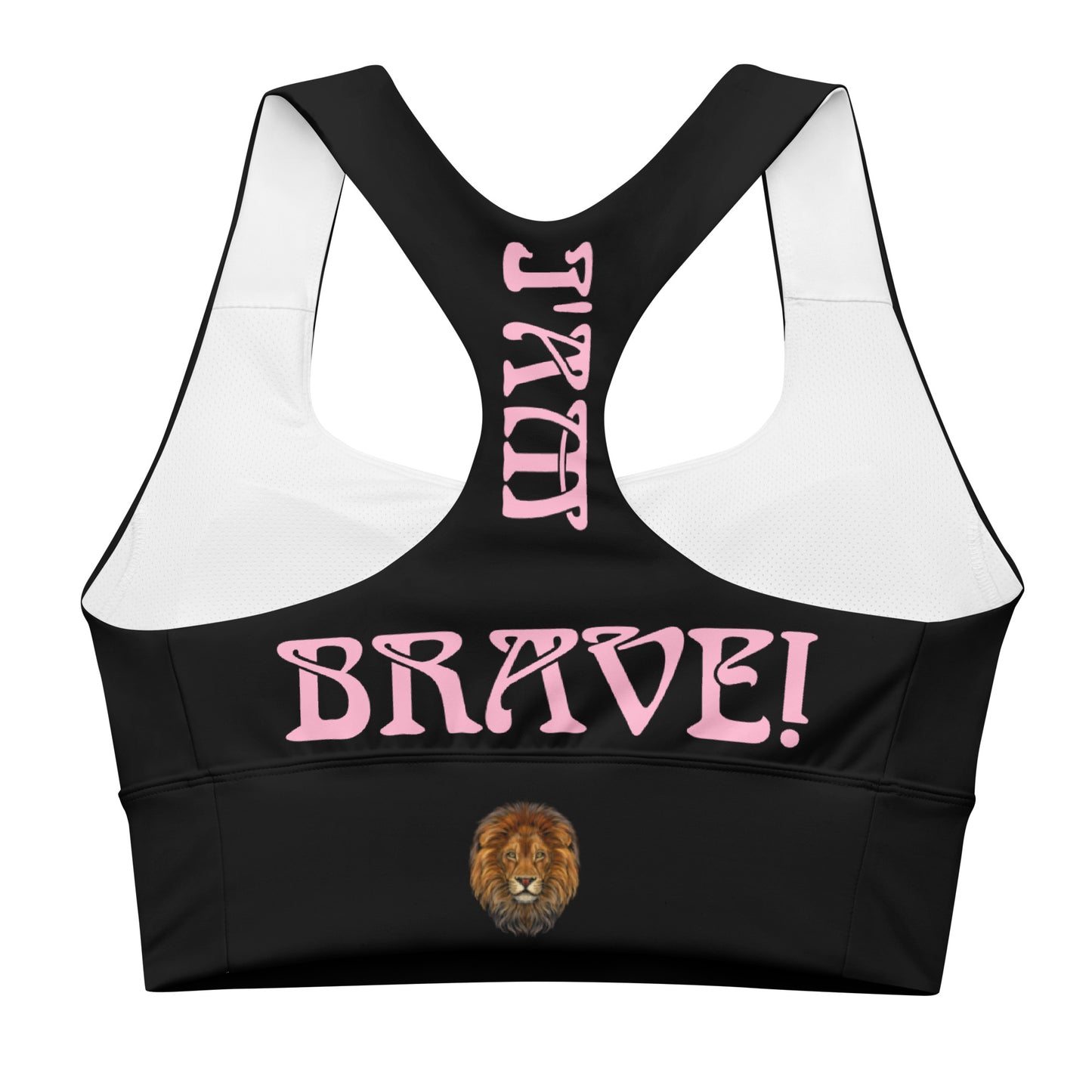 “I’AM BRAVE!” Black Longline Sports Bra W/Cotton Candy Font