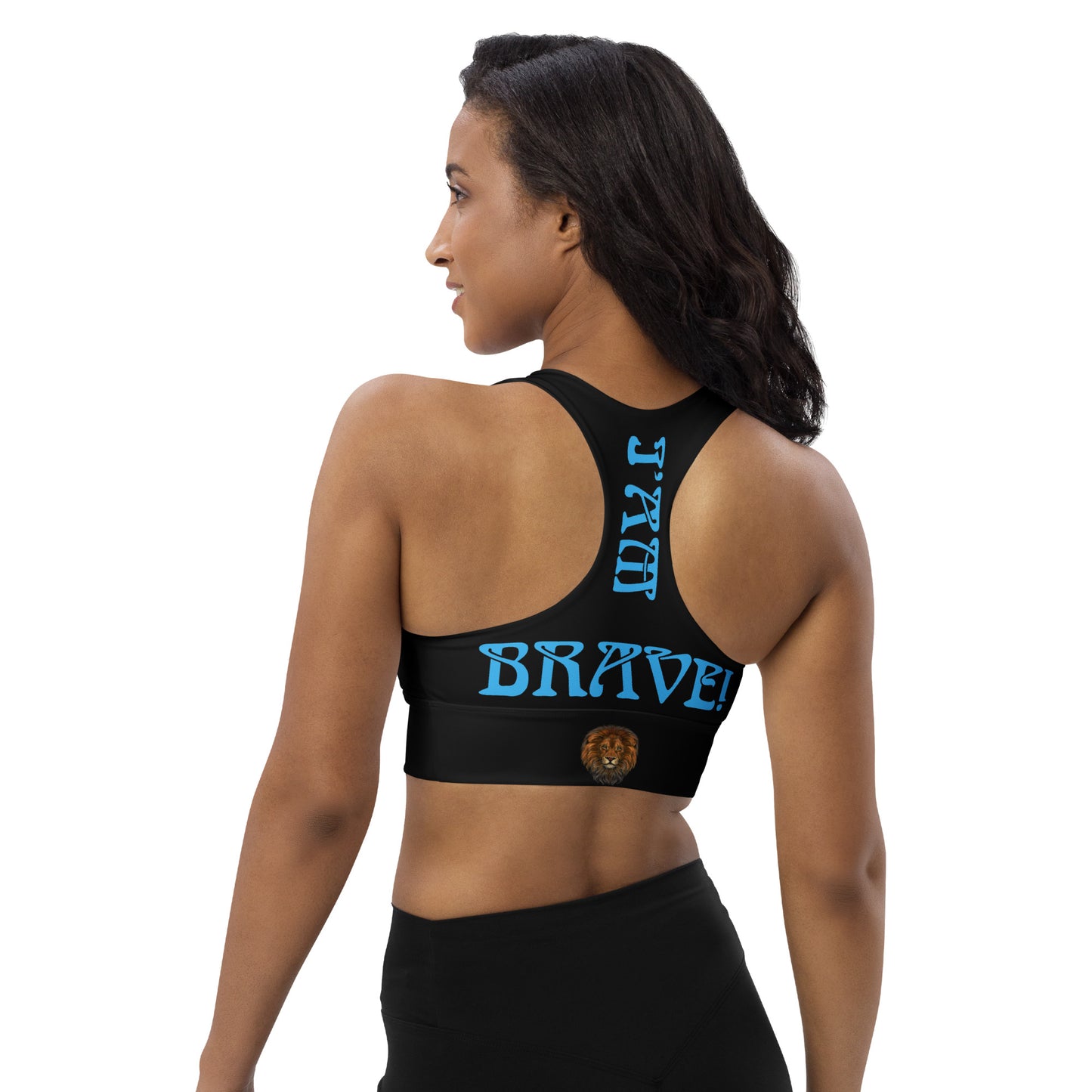 “I’AM BRAVE!” Black Longline Sports Bra W/SkyBlue Font
