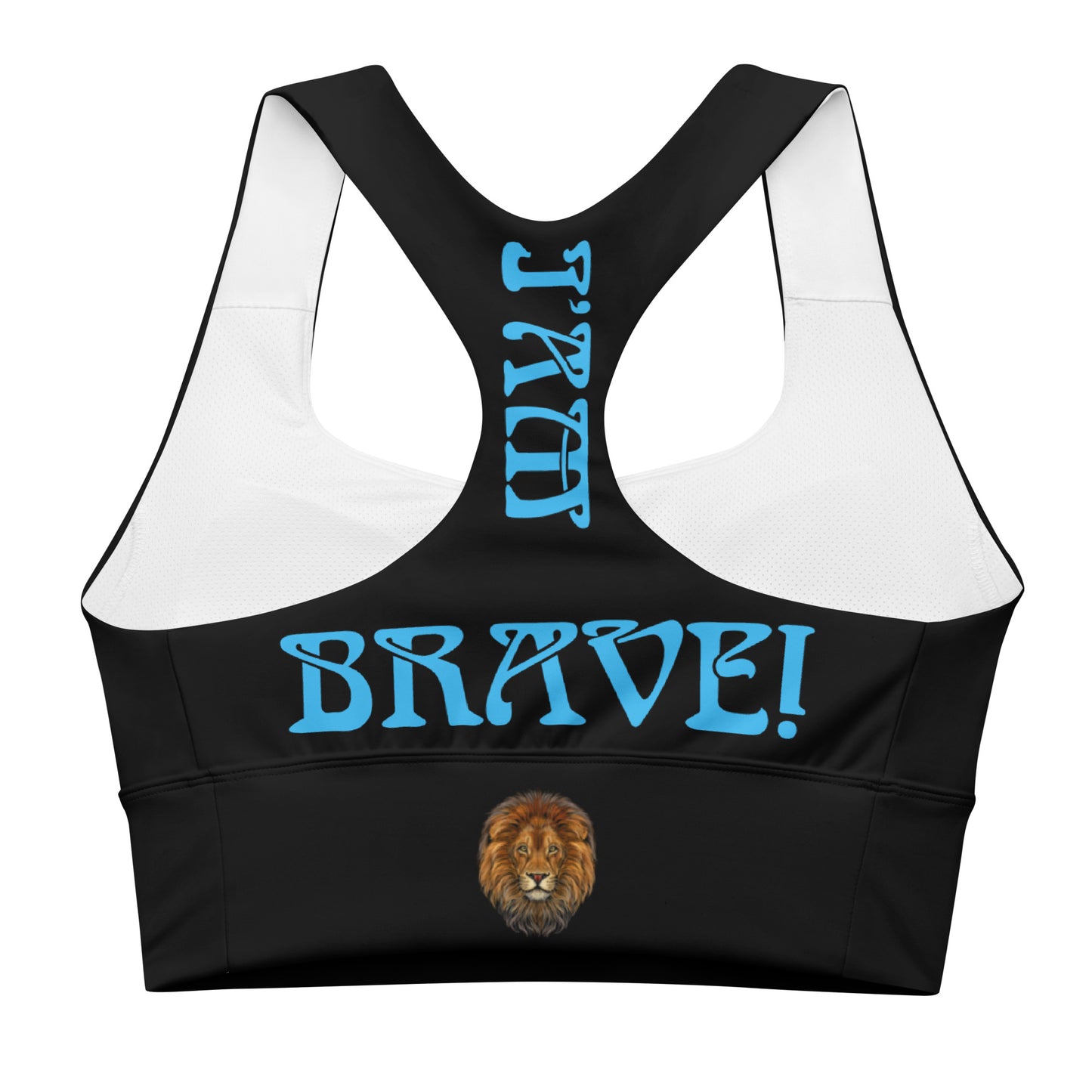 “I’AM BRAVE!” Black Longline Sports Bra W/SkyBlue Font