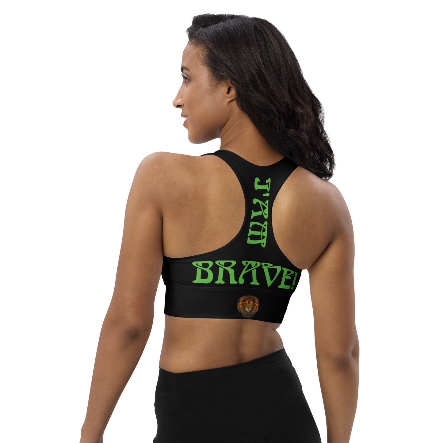 “I’AM BRAVE!” Black Longline Sports Bra W/Green Font