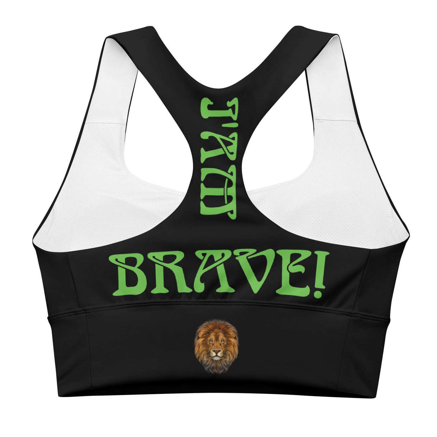 “I’AM BRAVE!” Black Longline Sports Bra W/Green Font