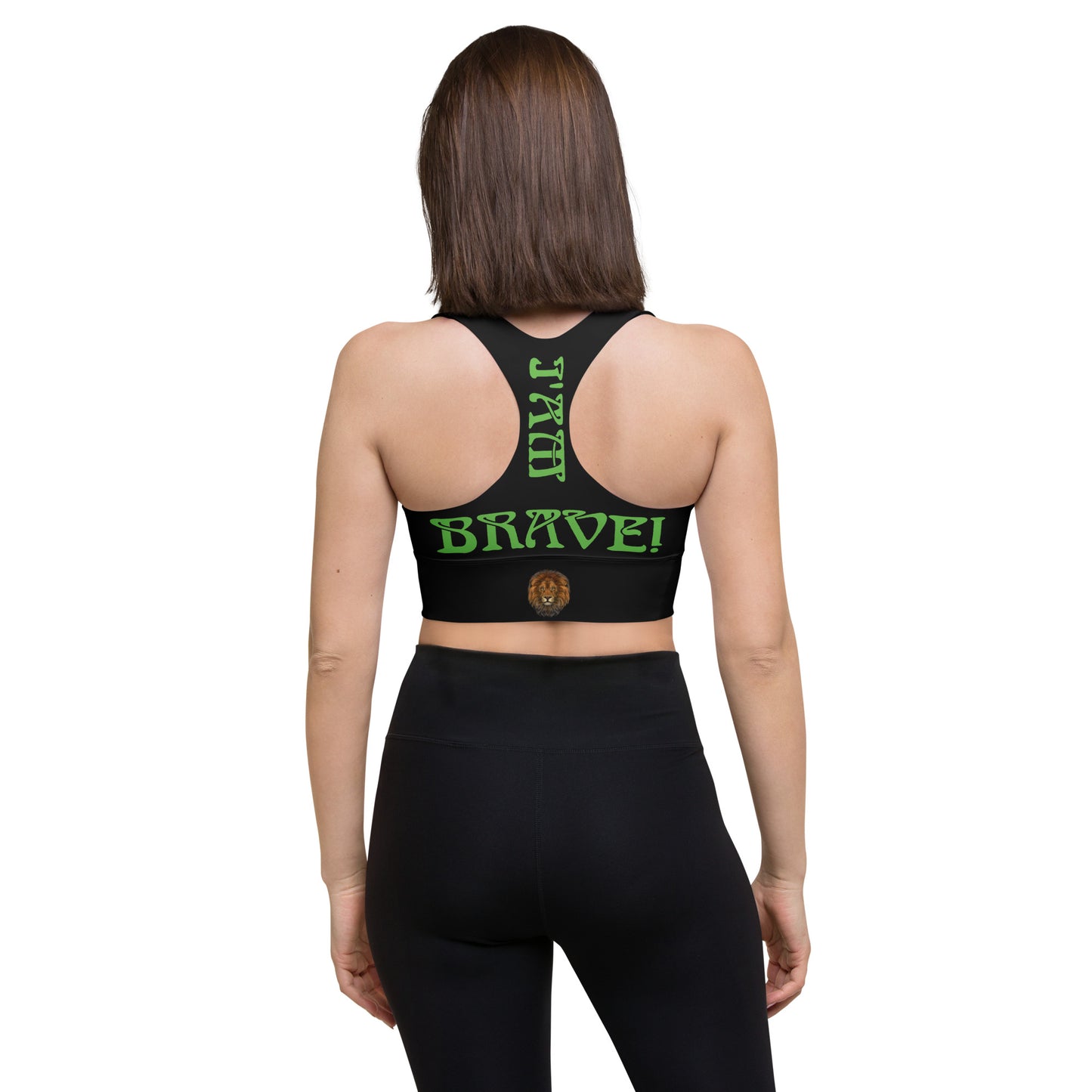 “I’AM BRAVE!” Black Longline Sports Bra W/Green Font