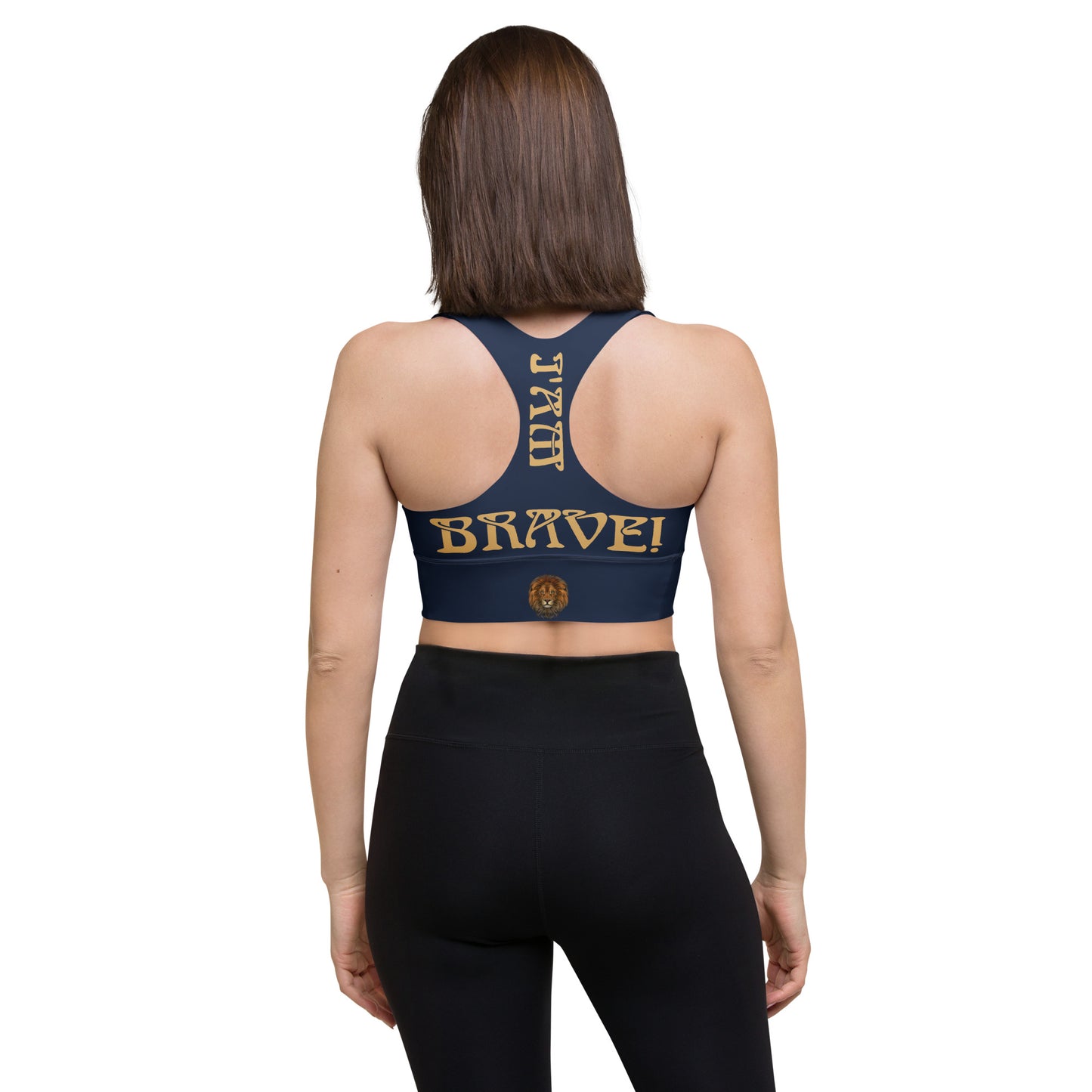 “I’AM BRAVE!” Navy Longline Sports Bra W/Fawn Font