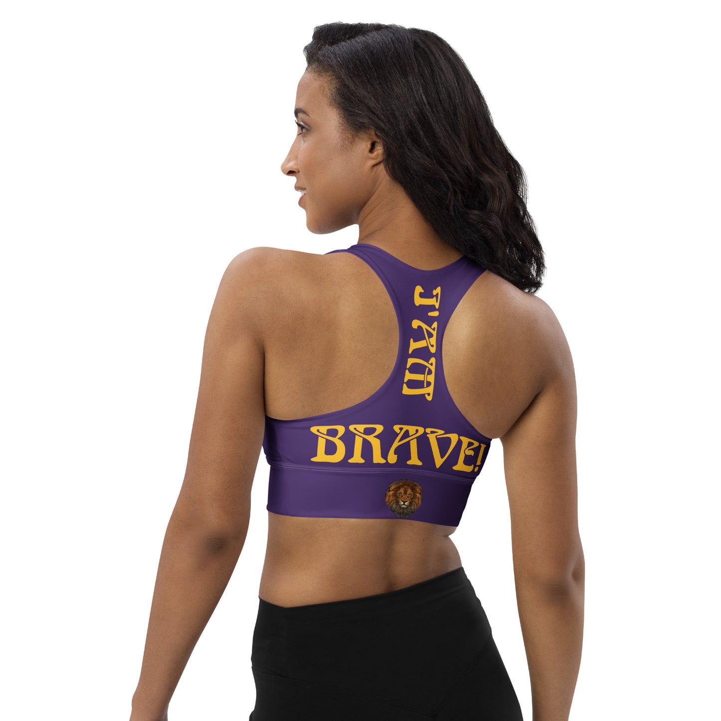 “I’AM BRAVE!” Purple Longline Sports Bra W/Yellow Font