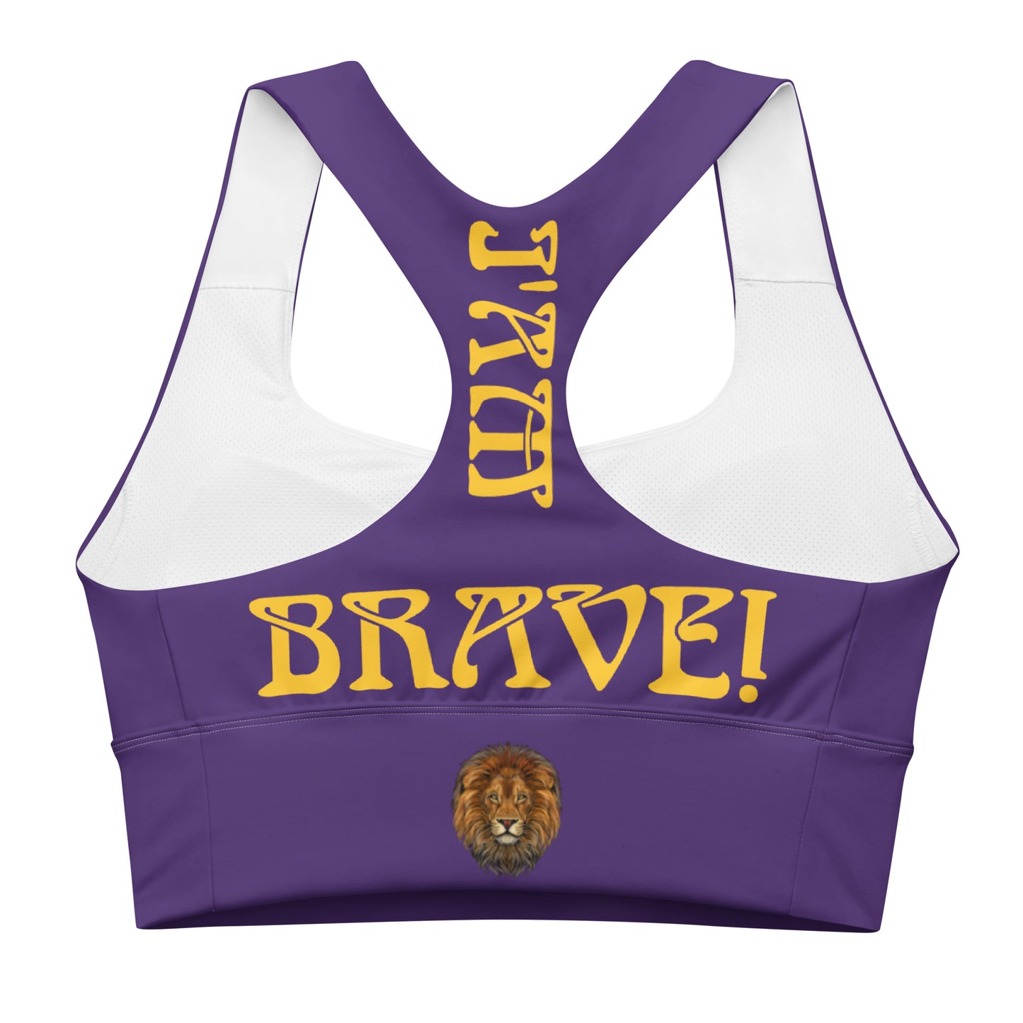 “I’AM BRAVE!” Purple Longline Sports Bra W/Yellow Font