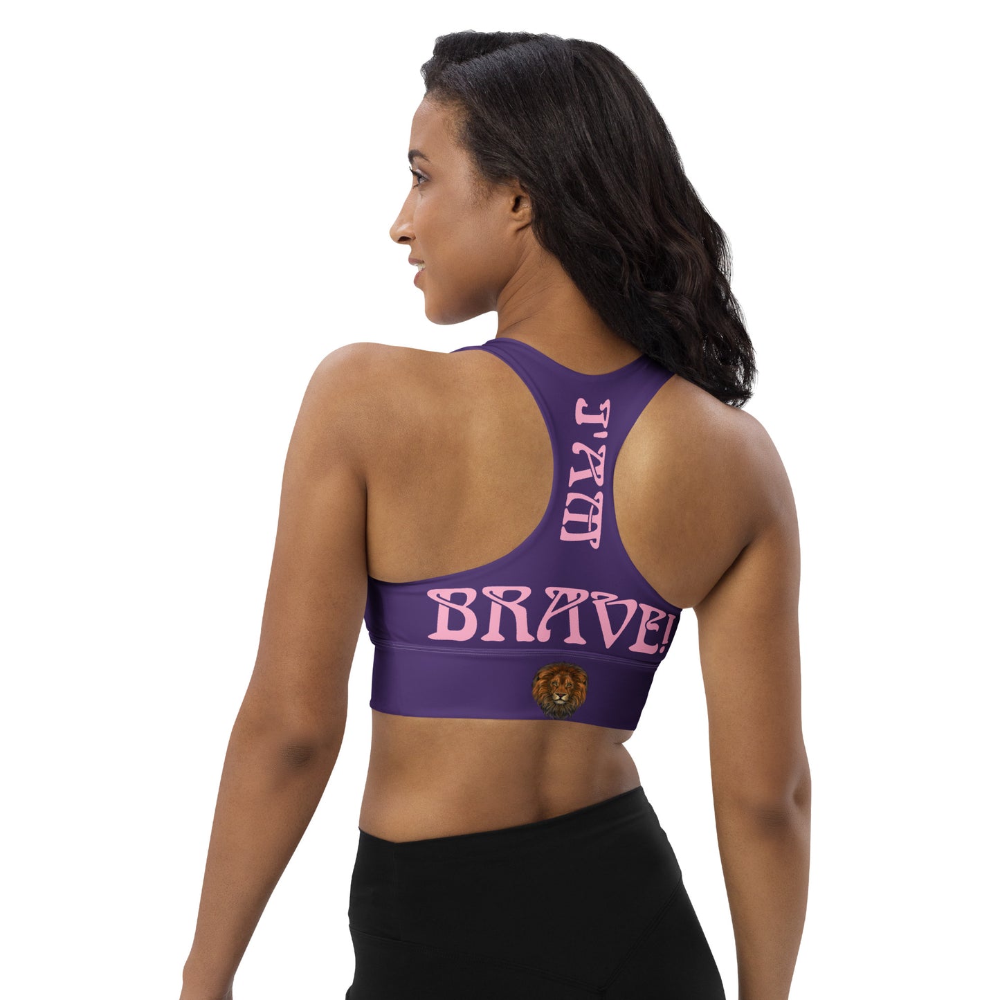 “I’AM BRAVE!” Purple Longline Sports Bra W/Cotton Candy Font