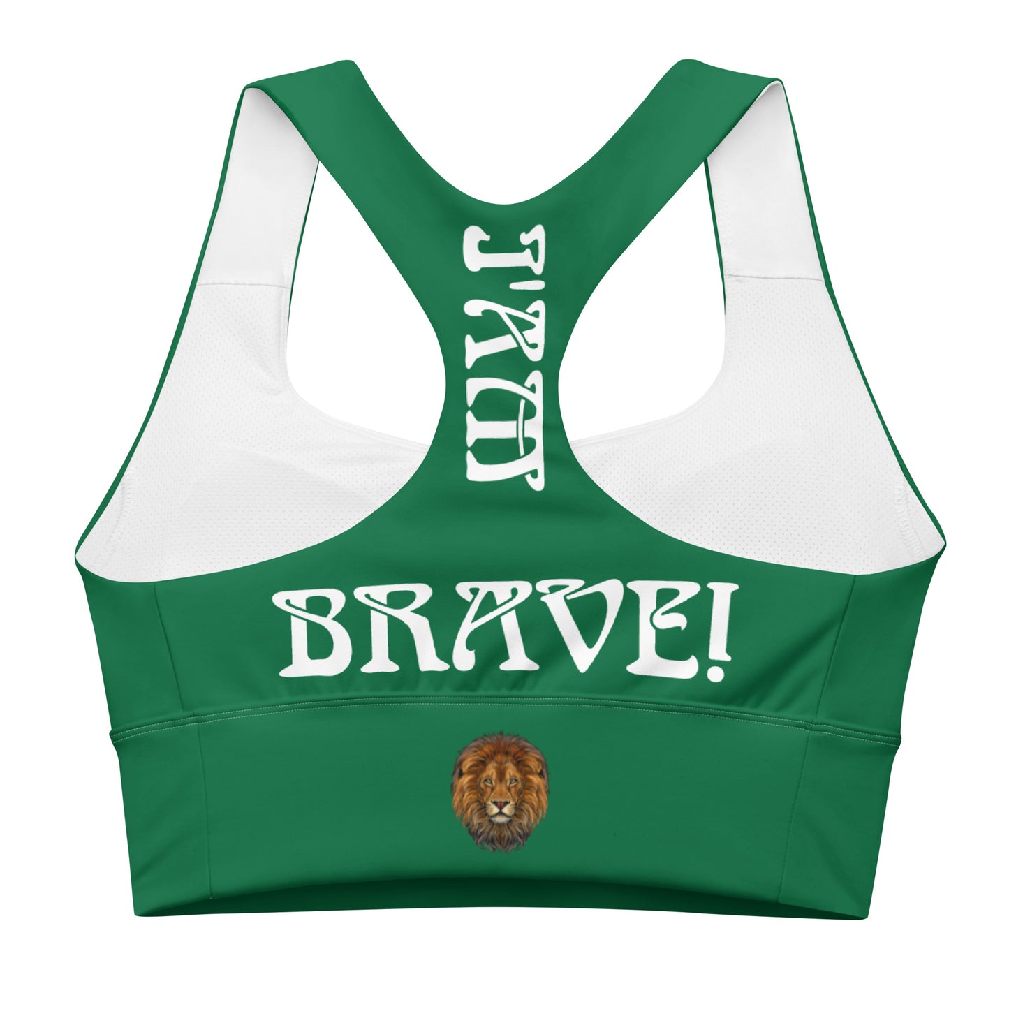 “I’AM BRAVE!” Green Longline Sports Bra W/White Font