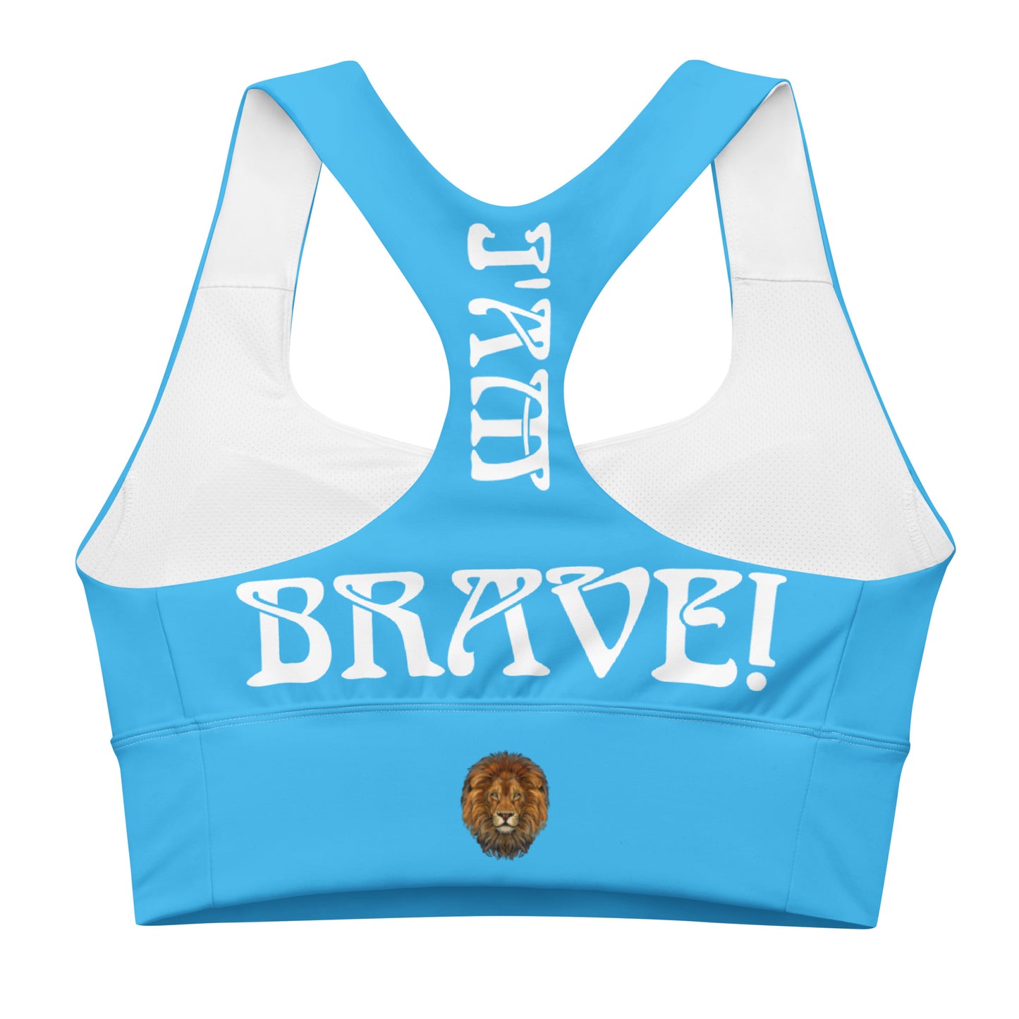 “I’AM BRAVE!” SkyBlue Longline Sports Bra W/White Font