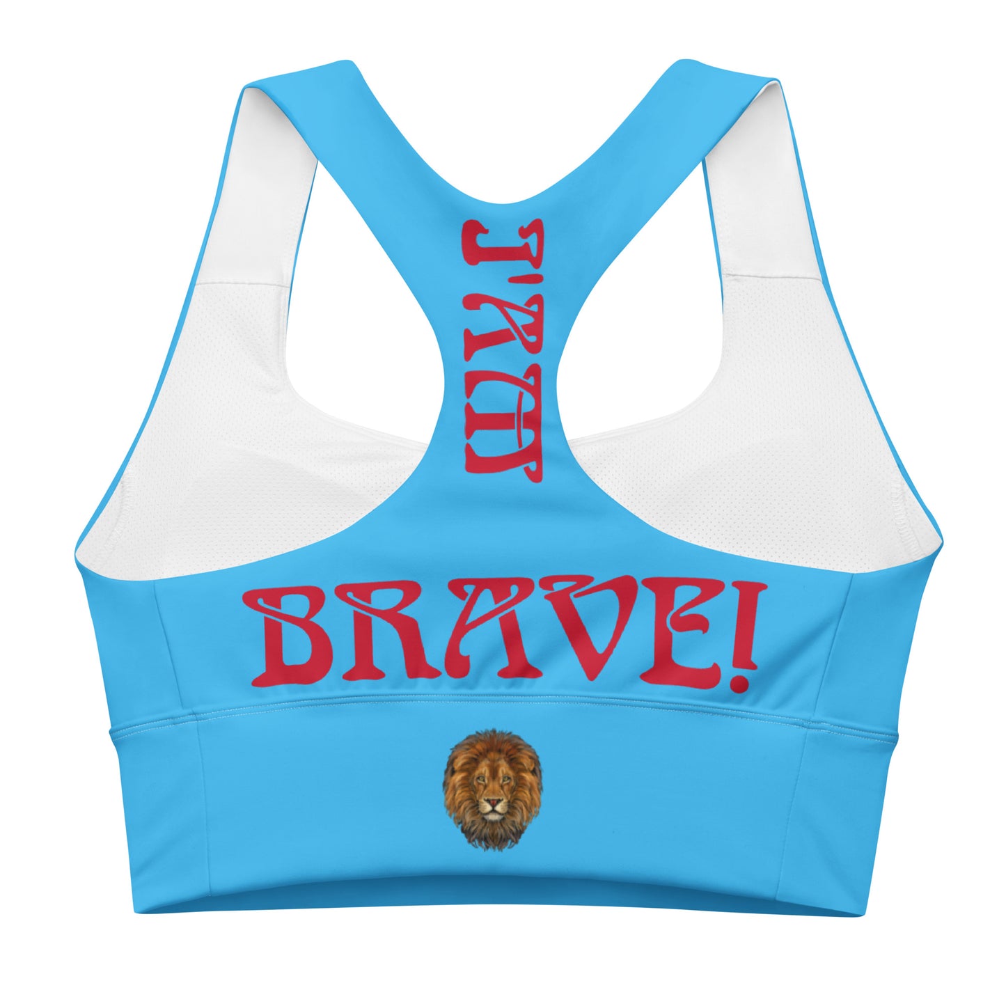 “I’AM BRAVE!” SkyBlue Longline Sports Bra W/Red Font