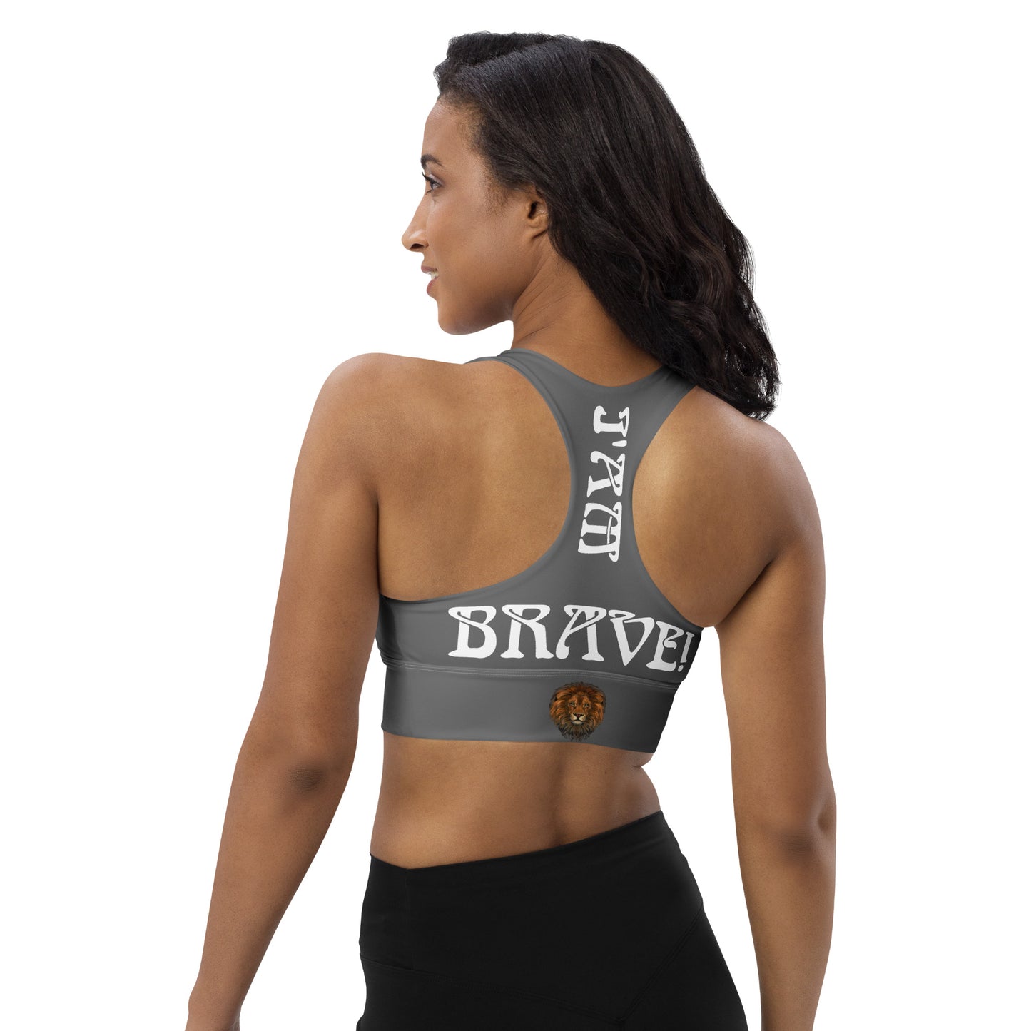 “I’AM BRAVE!” Grey Longline Sports Bra W/White Font