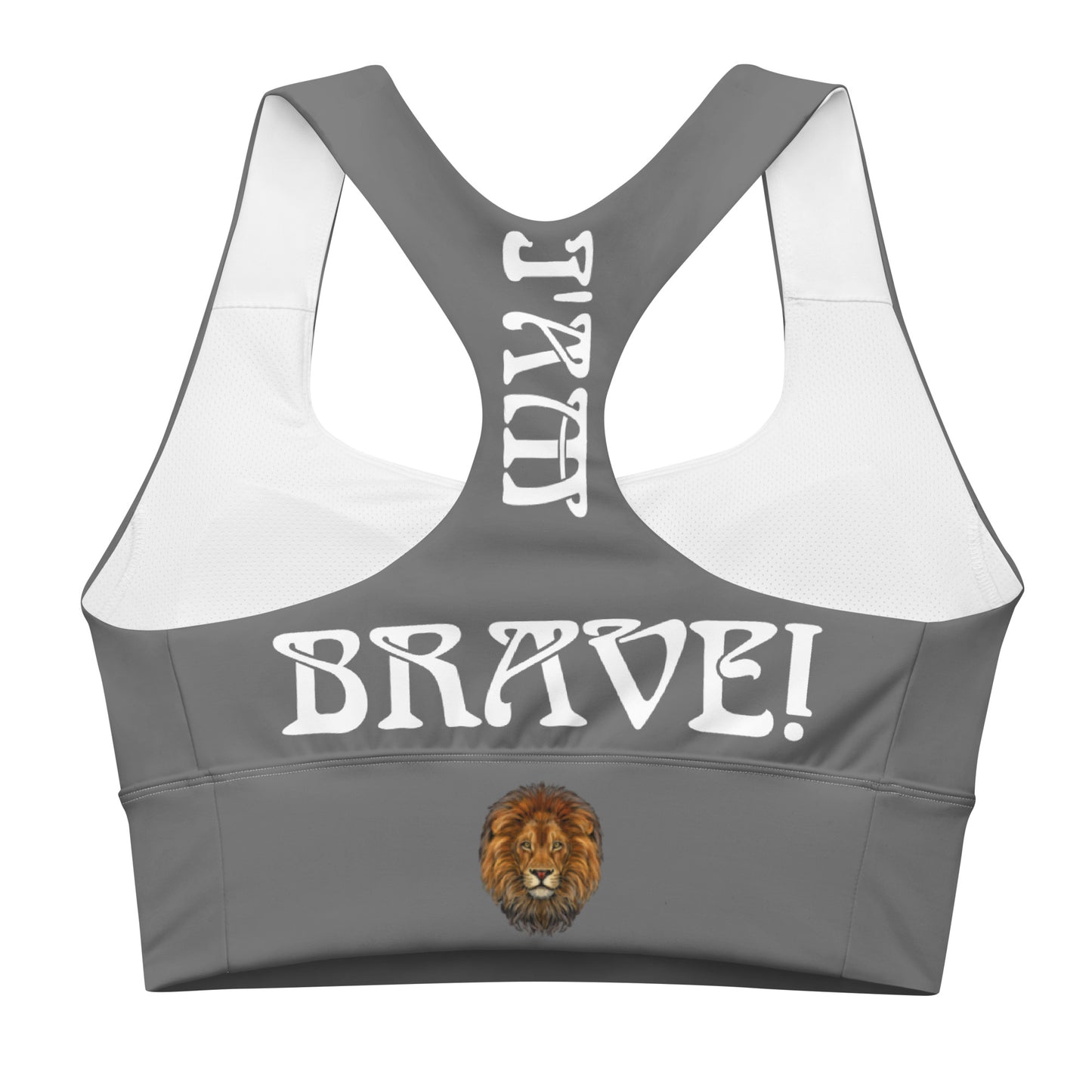 “I’AM BRAVE!” Grey Longline Sports Bra W/White Font
