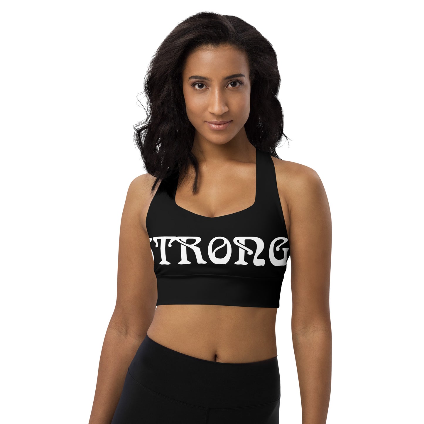 “STRONG”Black Longline Sports Bra W/White Font