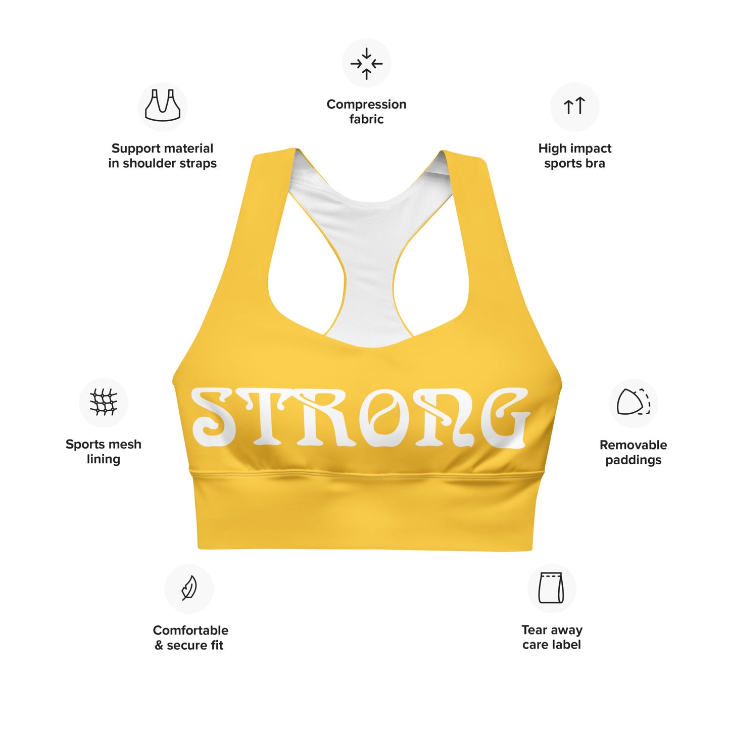 “STRONG”Yellow Longline Sports Bra W/White Font