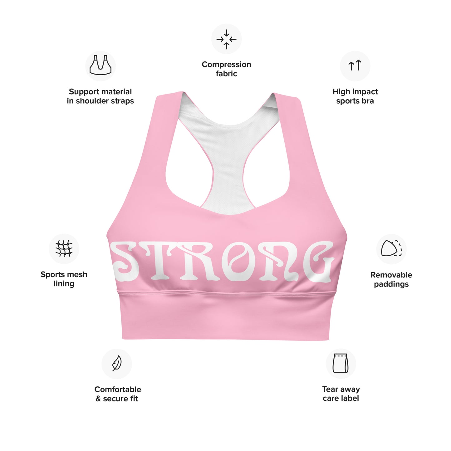 “STRONG” Cotton Candy Longline Sports Bra W/White Font