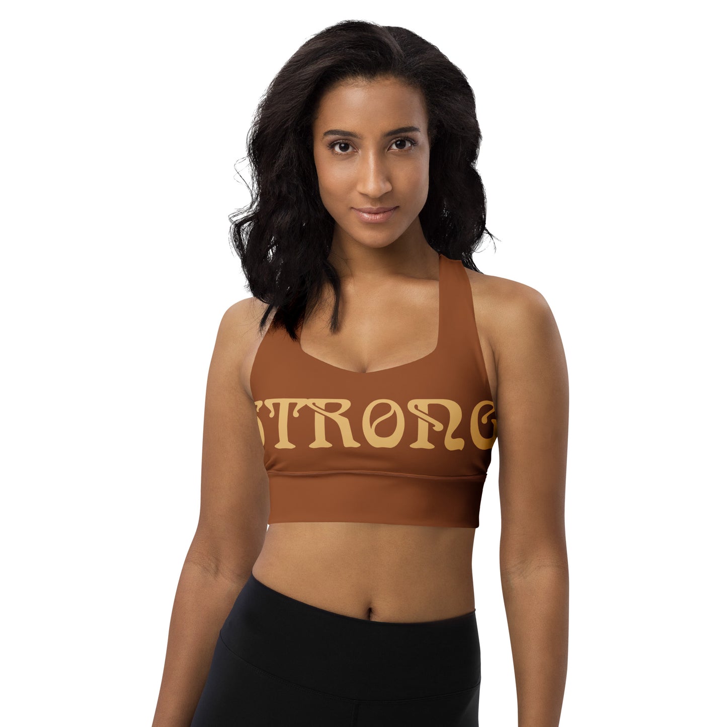 “STRONG” Brown Longline Sports Bra W/Fawn Font