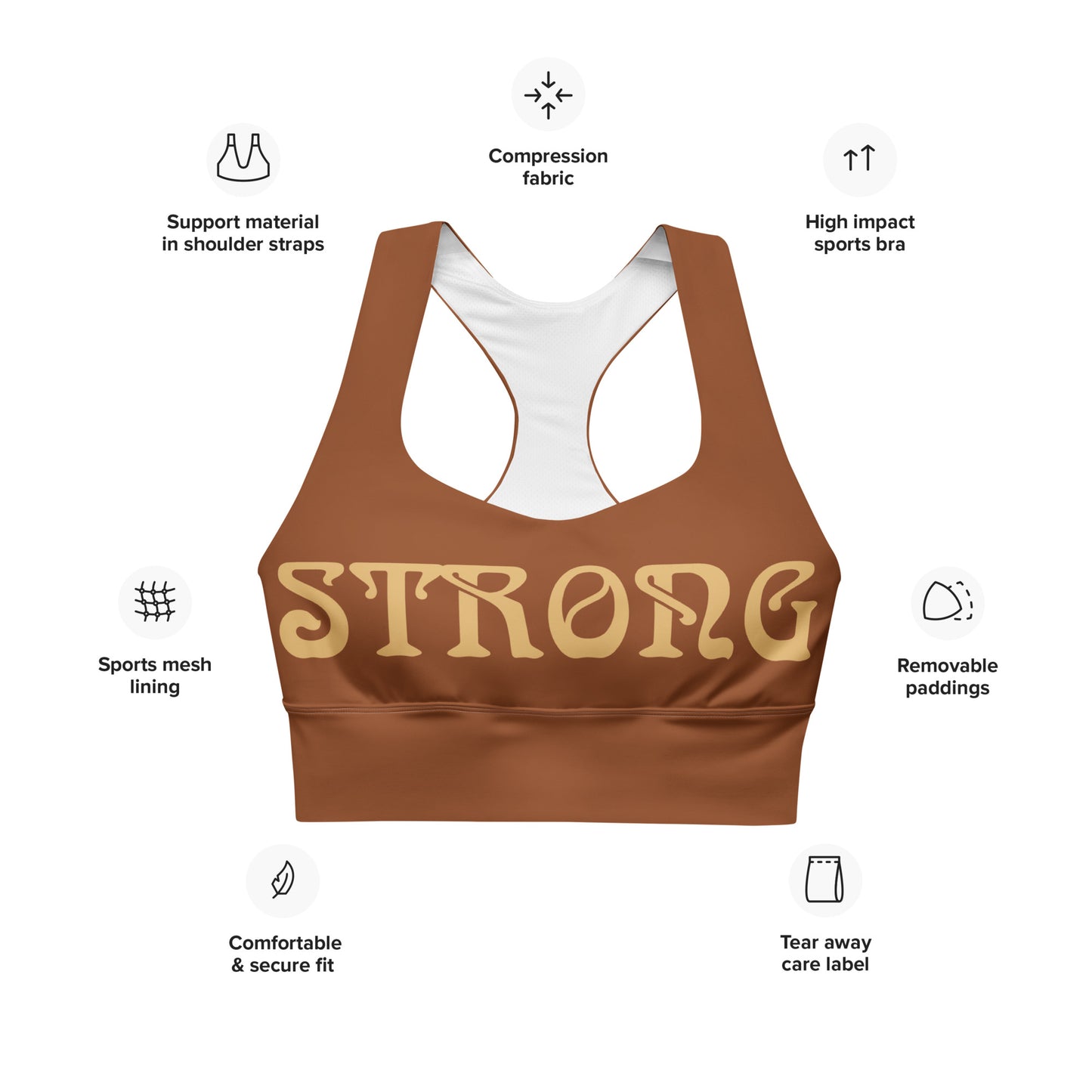 “STRONG” Brown Longline Sports Bra W/Fawn Font