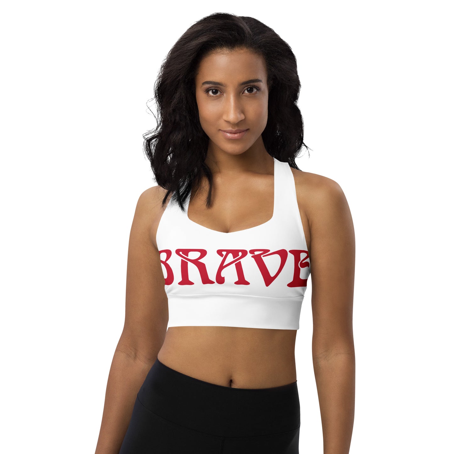 “BRAVE”White Longline Sports Bra W/Red Font