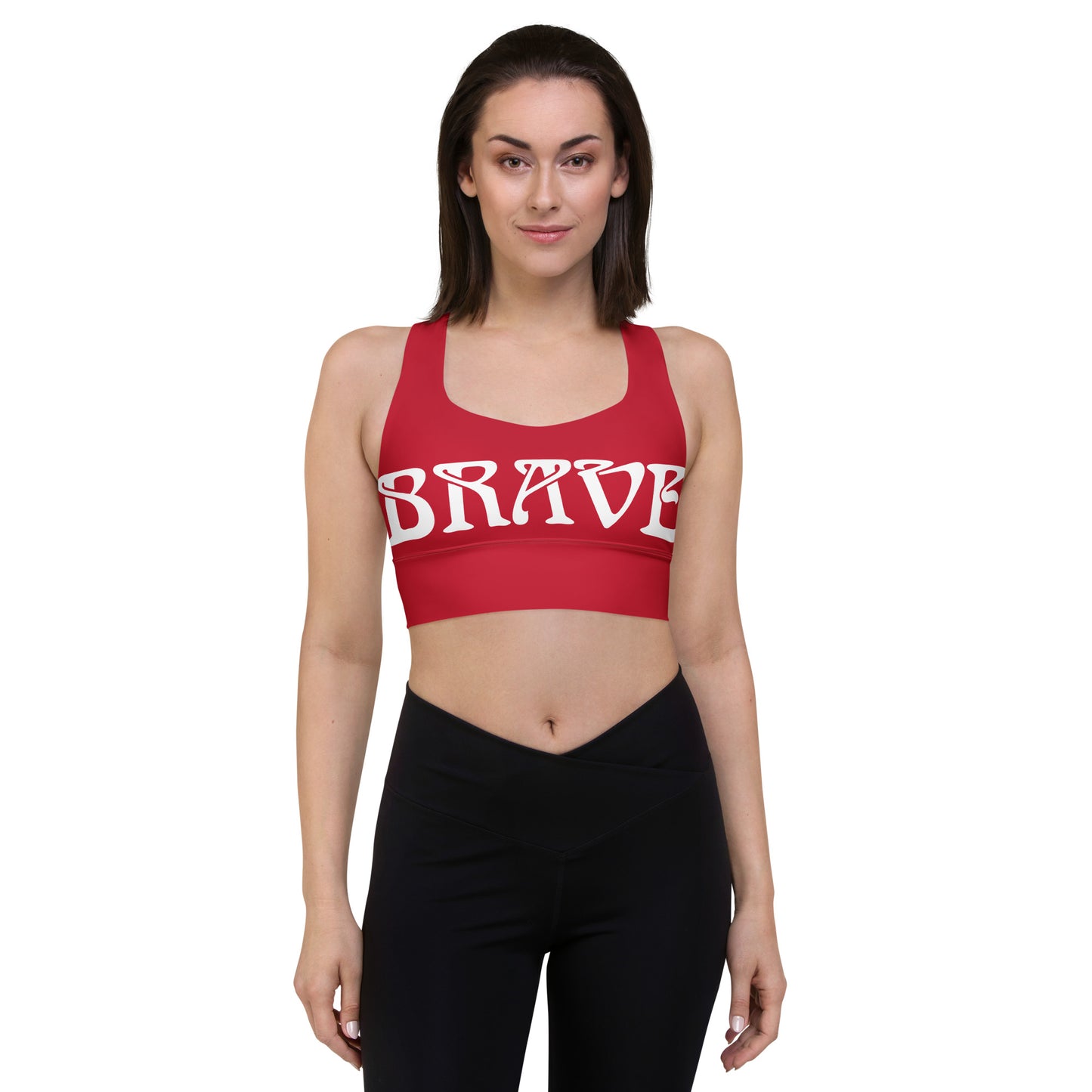 “BRAVE”Red Longline Sports Bra W/White Font