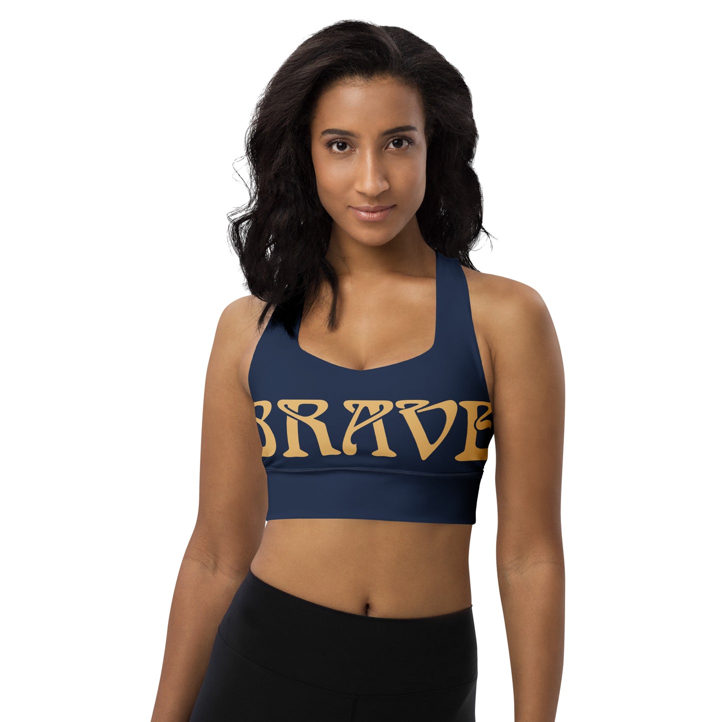 “BRAVE”Navy Longline Sports Bra W/Fawn Font