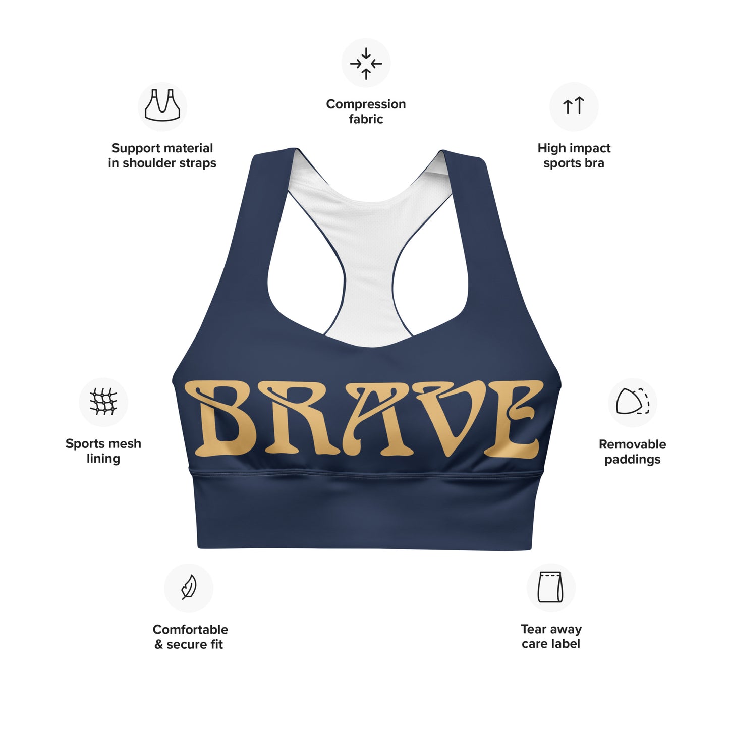 “BRAVE”Navy Longline Sports Bra W/Fawn Font
