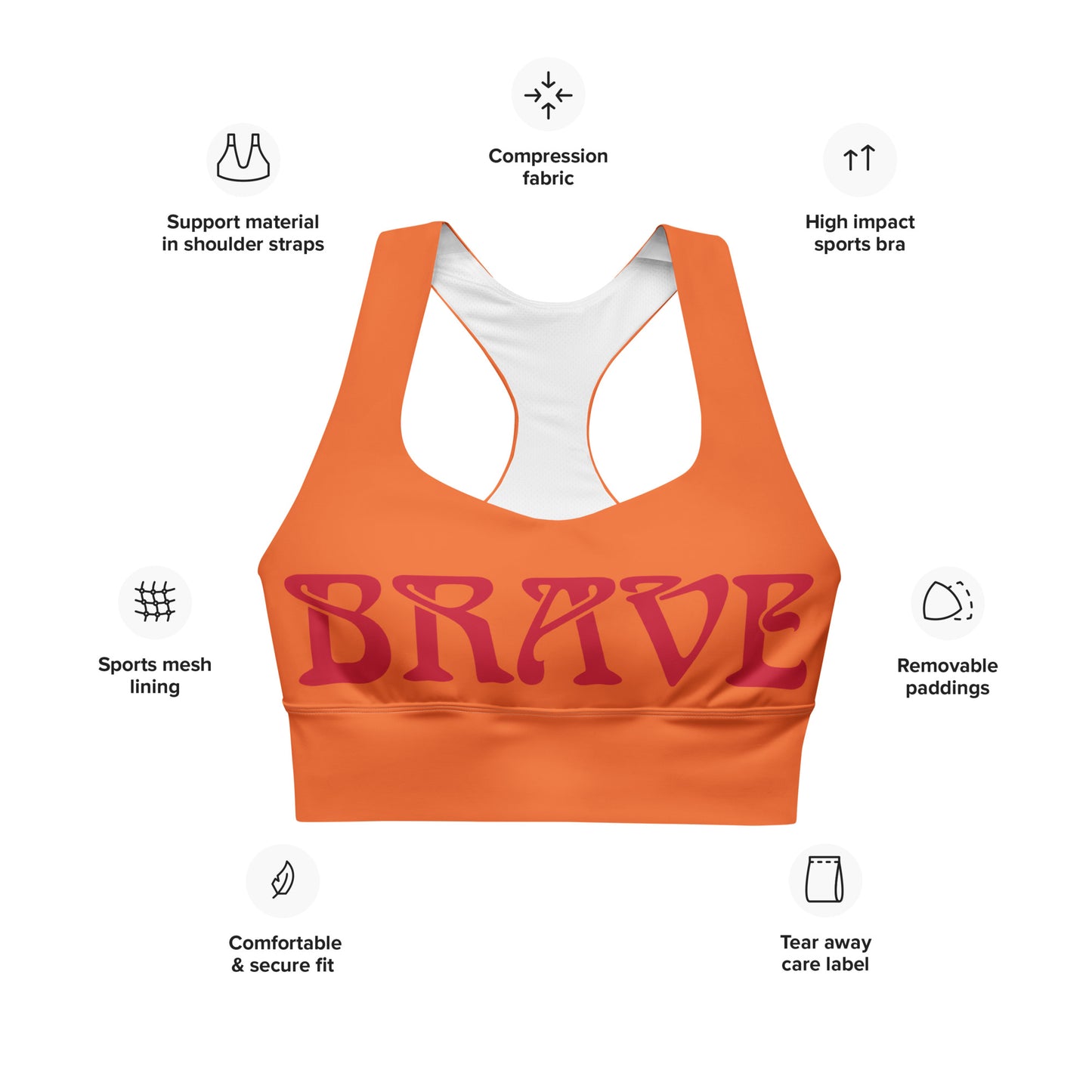 “BRAVE”Orange Longline Sports Bra W/Red Font